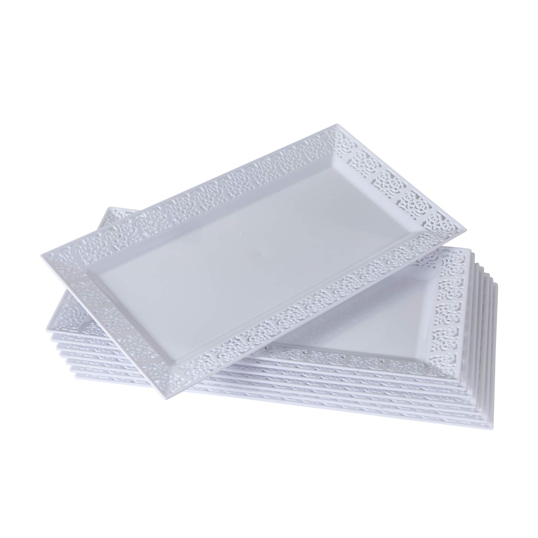 Elegant Disposable Silver Lace Trays for Weddings & Dining - Set of 6 White 14x7.5 Inch Plates - Perfect for Bridal Showers, Banquets & Upscale Events