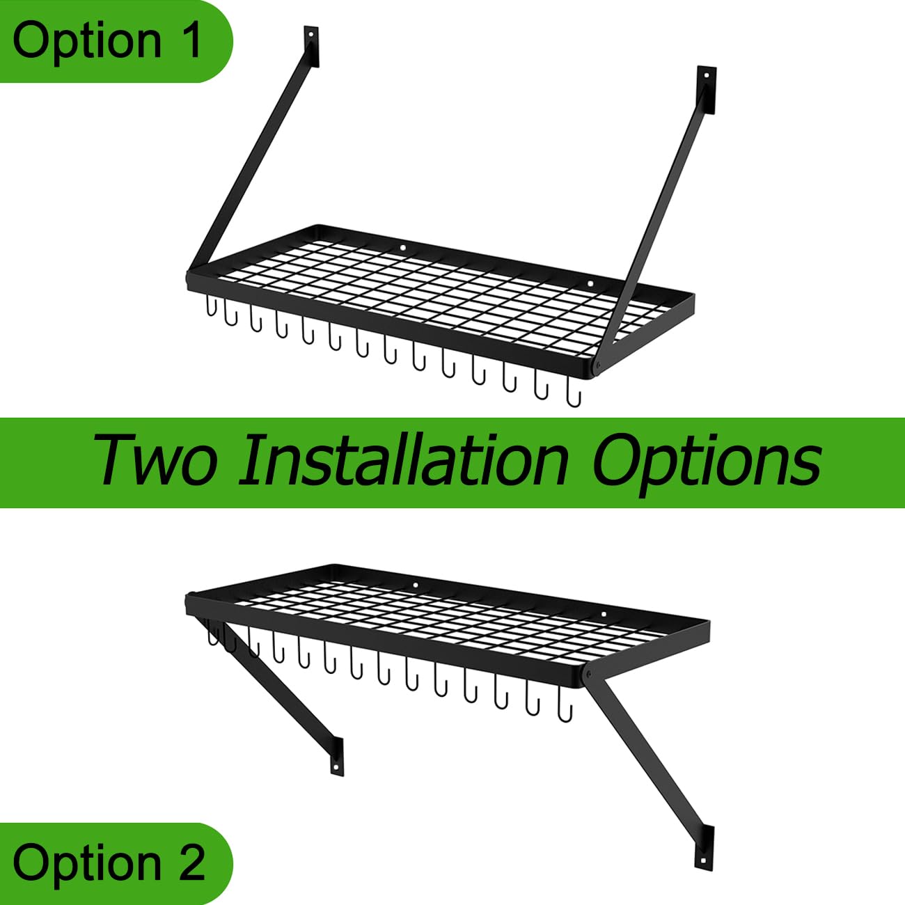 Hoooh Square Grid Wall Mount Pot Rack with 10 Hooks - Black Kitchen Cookware Hanging Organizer (KPR300A-BK) for Pots, Pans & Utensils - Perfect for Small Kitchens & Pantry Organization