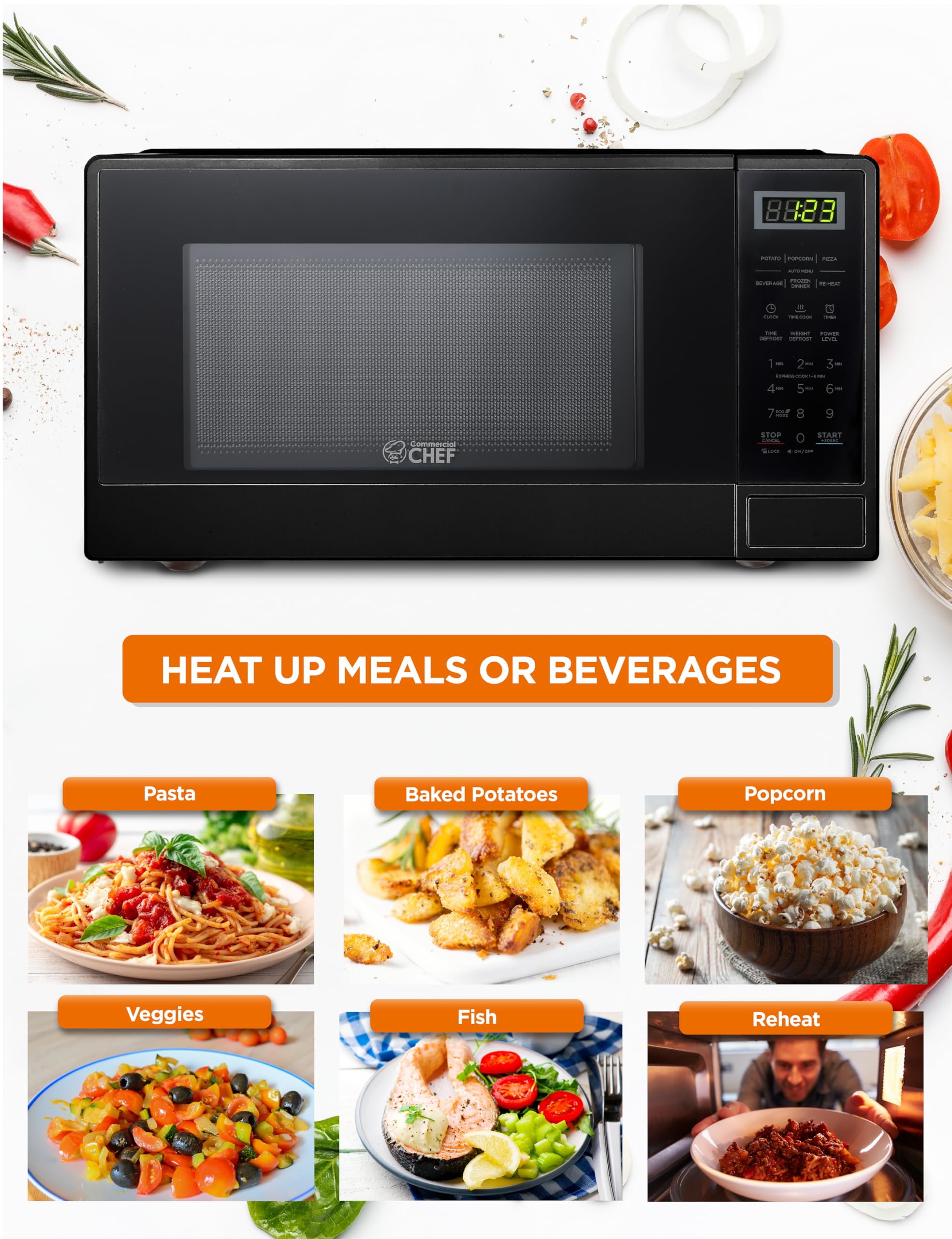 Commercial Chef 1.1 Cu Ft Compact Microwave Oven - 1000W Countertop Microwave with 10 Power Levels, Push Button Controls, Digital Display, Kitchen Timer & Safety Door Lock (Black) - Perfect for Small Kitchens, Dorms, Offices & RVs