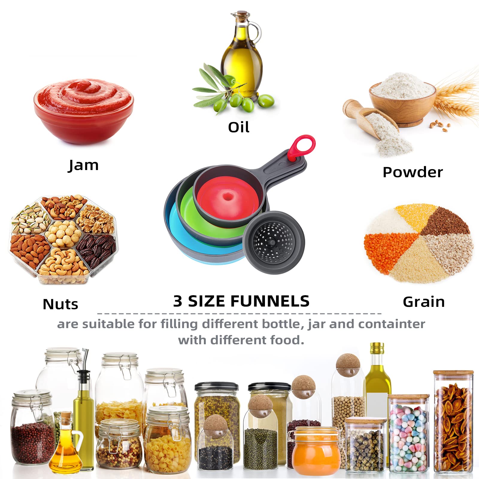 Dokpod Collapsible Silicone Kitchen Funnel with Strainer - Wide Mouth Canning & Bottle Filling Funnel with Filter - Perfect for Home Brewing, Oil Transfer, and DIY Projects
