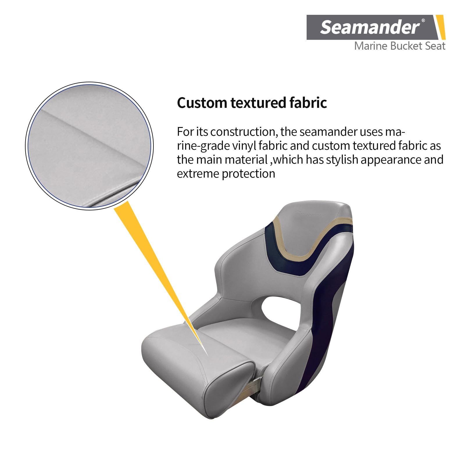 Seamander Captain Bucket Seat - Sport Flip Up Boat Seat with Adjustable Design (Grey/Blue&Tan) - Perfect for Fishing Boats, Pontoon Boats & Marine Use