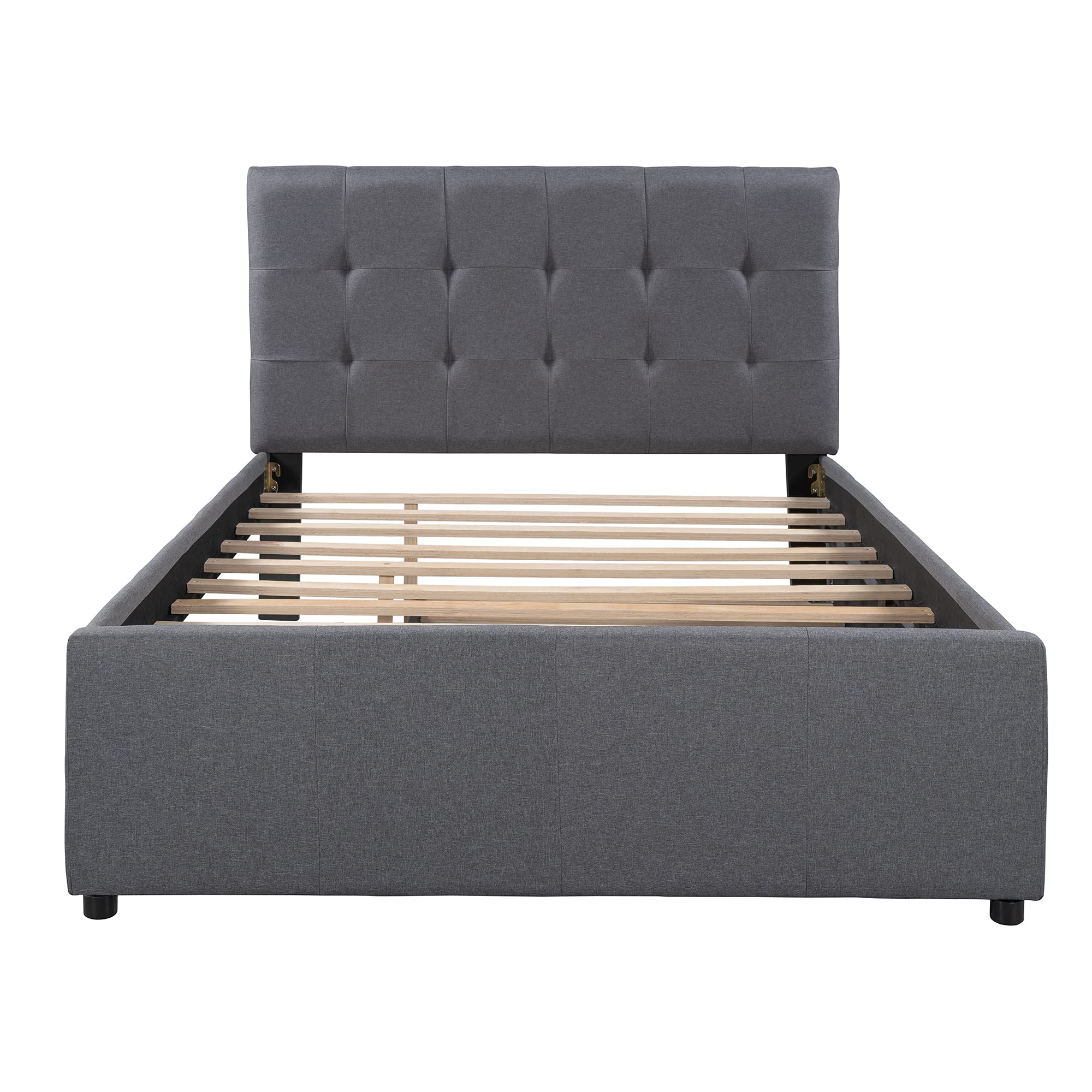 RUNNA Full Size Upholstered Platform Bed Frame with Trundle - No Box Spring Needed, Linen Fabric Headboard for Kids & Teens Bedroom - Perfect for Sleepovers, Small Spaces & Guest Rooms