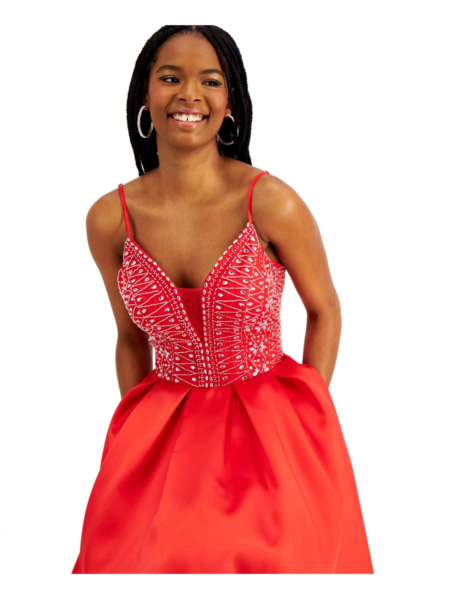 Elegant Women's Embellished Spaghetti Strap V-Neck Fit & Flare Prom Dress - Perfect for Formal Events, Evening Parties & Special Occasions