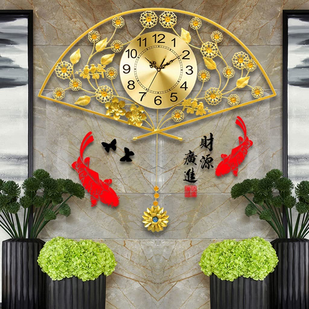 TOMYEUS Golden Fan-Shaped Wall Clock with Silent Pendulum - Elegant Decorative Wall Clock for Kitchen, Living Room, Bedroom | Perfect Home & Office Decor, Gift Idea