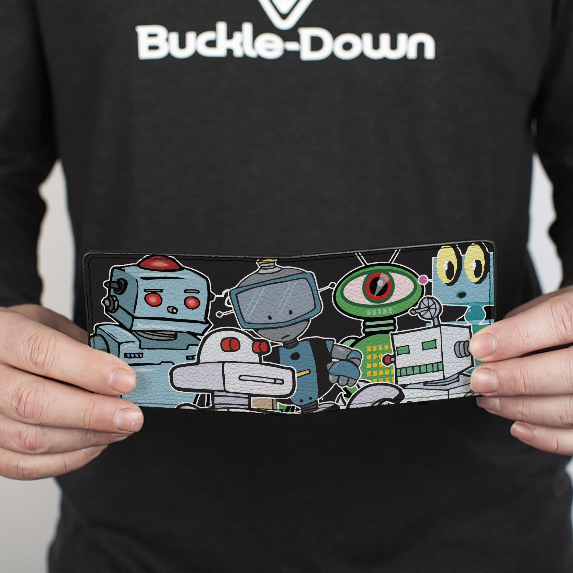 Buckle-Down Men's PU Leather Bifold Wallet with Robot Design - Black & Multicolor (4.0