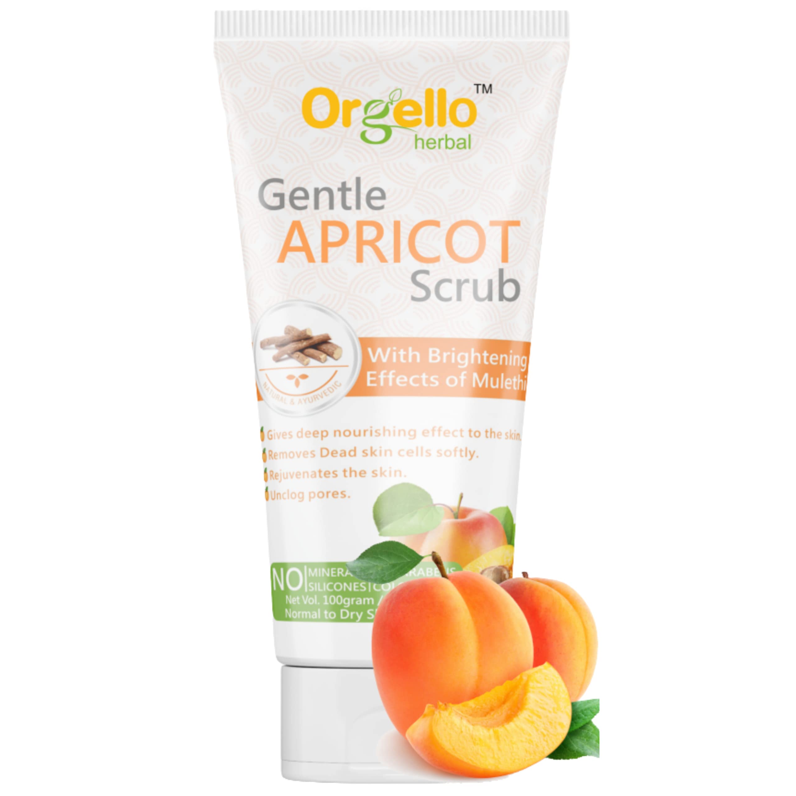 Orgello Herbal Exfoliating & Whitening Apricot Face Scrub (100g) - Natural Skincare with Licorice, Turmeric & Neem Oil - SLS & Paraben Free - For Normal, Oily & Dry Skin - Gentle Exfoliation for Brighter, Smoother Complexion - Perfect for Daily Skincare Routine & Spa Treatments