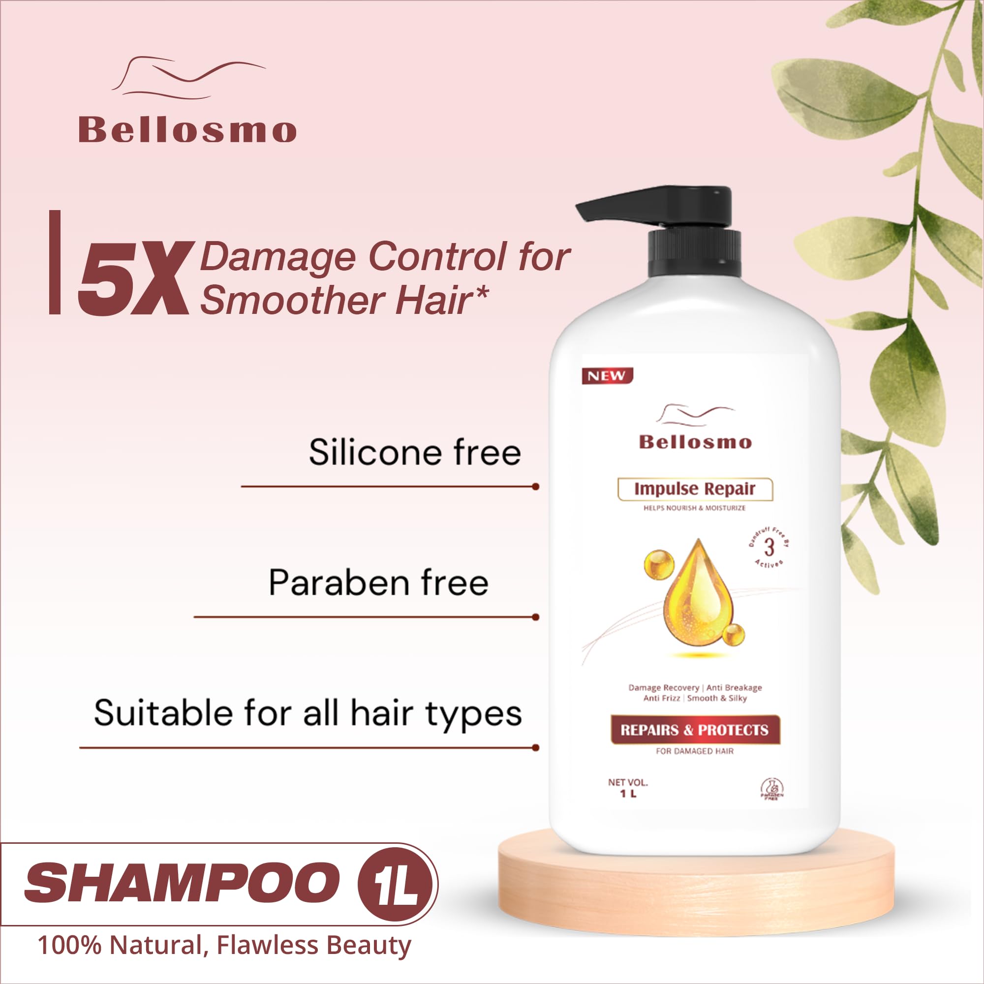 Bellosmo Professional Repair Shampoo for Damaged Hair - Natural Hair Care Treatment - 1L Bottle - Restores Dry & Brittle Hair for Salon-Quality Results at Home