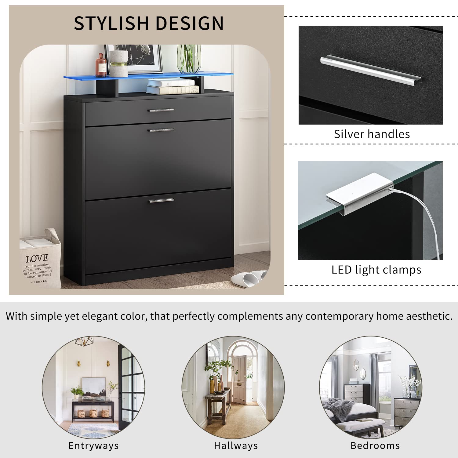 Modern Slim Entryway Shoe Cabinet with 2 Flip Drawers & LED Lights - Tempered Glass Top Shoe Storage Organizer with Open Shelves - Freestanding Shoe Rack for Hallway, Living Room, Bedroom - Space-Saving Home Organization Solution for Small Apartments & Entryways