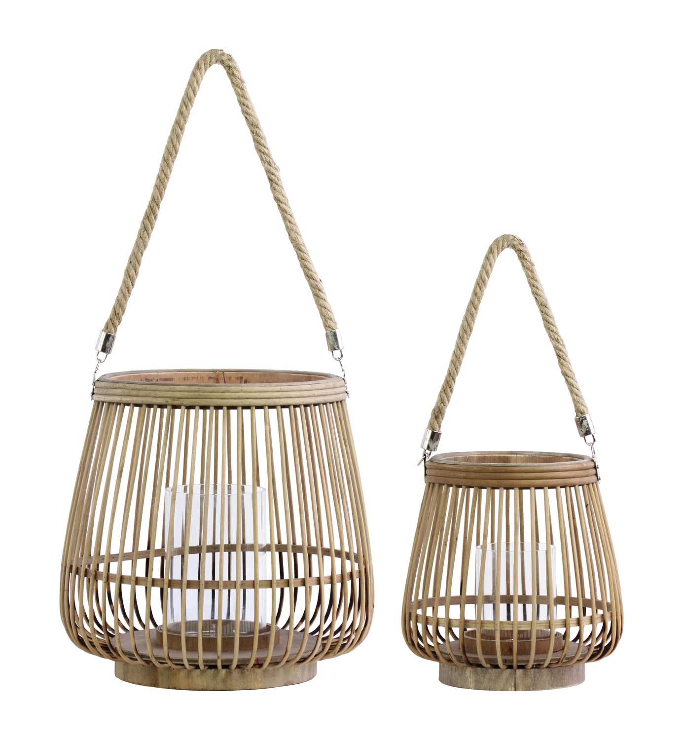 Natural Bamboo Round Lanterns with Rope Hangers - Set of 2, Brown Wood Finish for Patio, Garden, and Home Decor