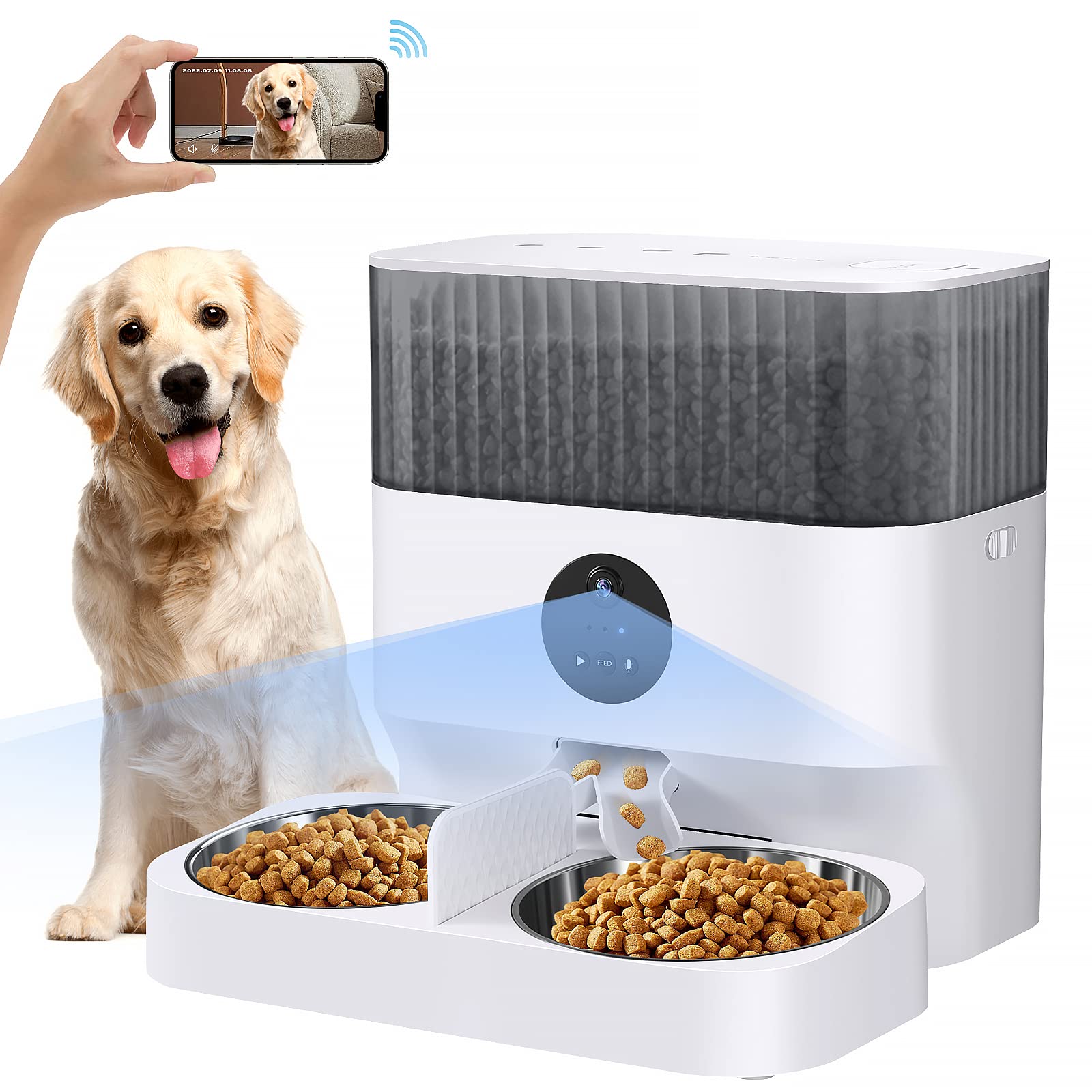 JAMOTOLLY Smart Automatic Cat Feeder & Dog Feeder with HD Camera - 5L Capacity, APP Control, Dual Stainless Steel Bowls, 10s Voice Recorder, Dual Power Mode, 3 Height Adjustments - Perfect for Home Pet Feeding While Traveling or Working