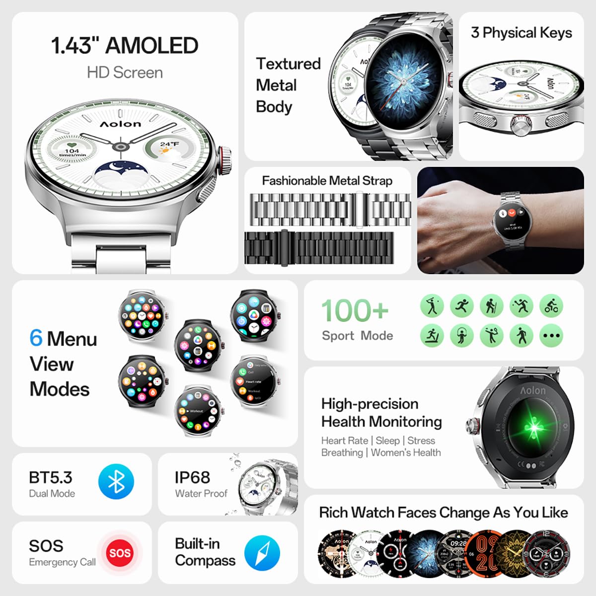Prime3 Upgraded Stainless Steel Smart Watch for Men - 1.43'' AMOLED Display, Bluetooth 5.3, 100+ Sports Modes Fitness Tracker, IP68 Waterproof, Heart Rate & SpO2 Monitor, Compatible with Android & iOS | Perfect for Workouts, Running, Swimming & Daily Health Tracking