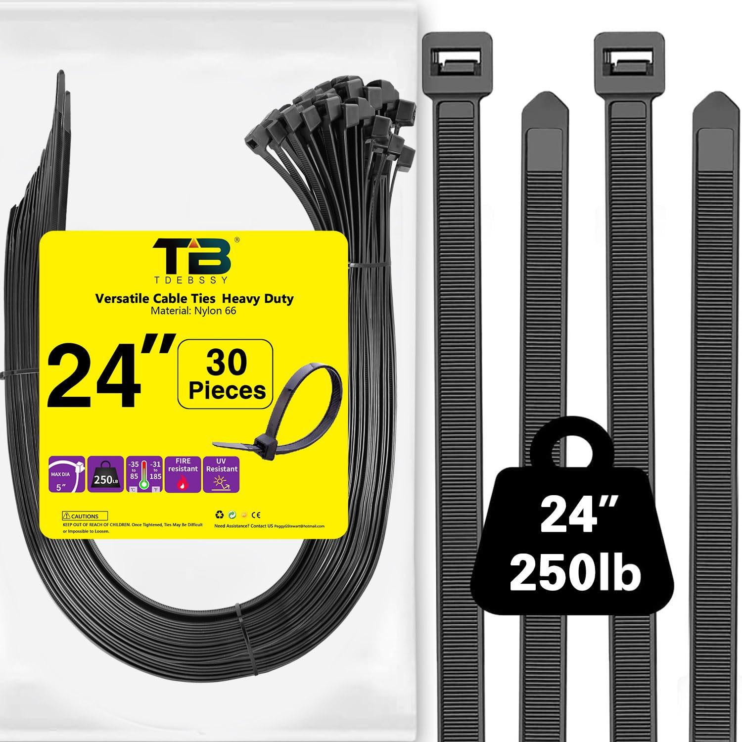Heavy Duty 24 Inch Black Cable Ties 250lbs - 30 Pack Plastic Zip Ties for Outdoor Cable Management, Fence Repair, Home Organization & Electrical Wiring