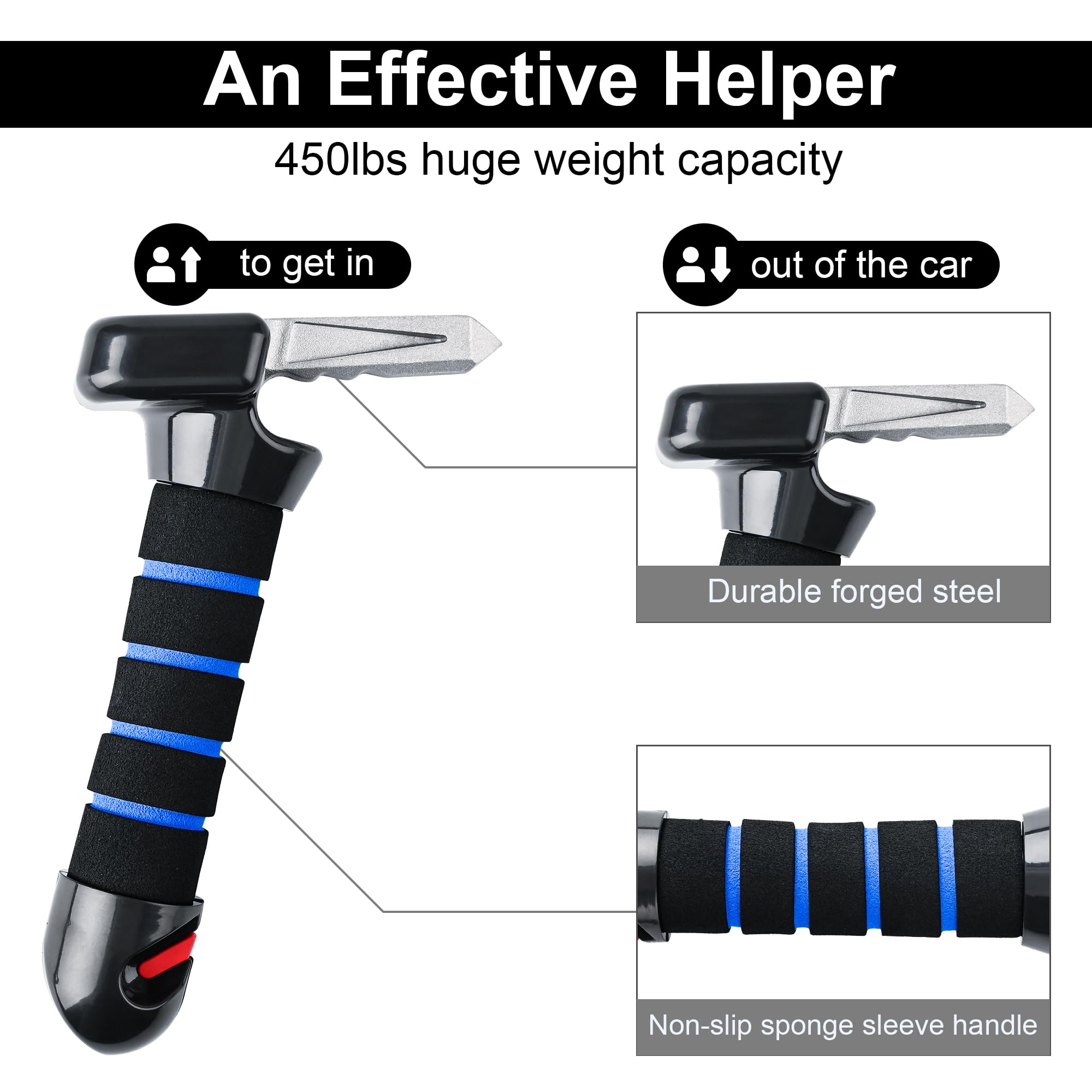 3 in 1 Car Door Handle Assist for Seniors & Disabled - Red & Blue Support Grab Handle with Multifunction Latch - Ideal for Elderly Car Entry/Exit & Mobility Assistance