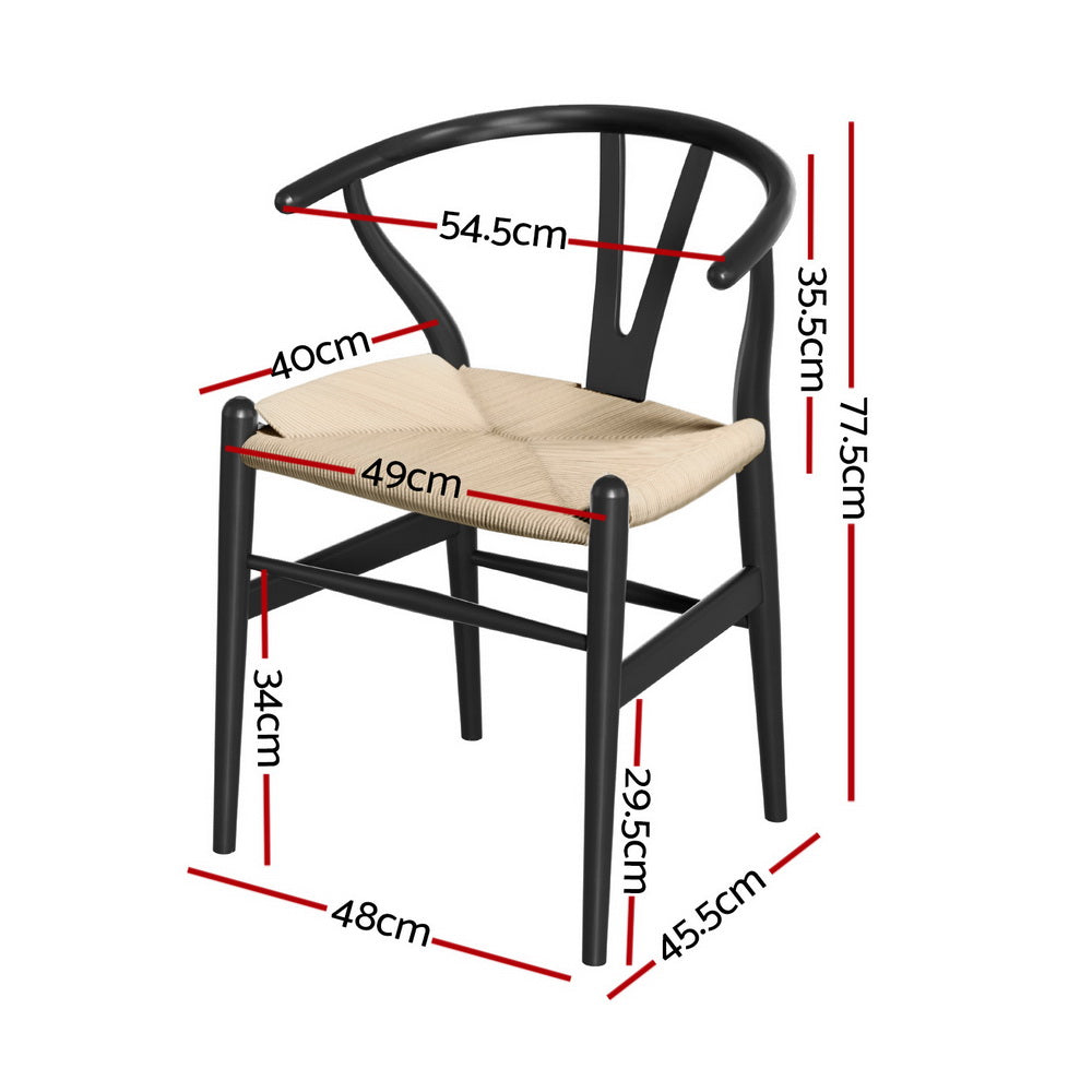 2 Pack Artiss Wooden Rattan Wishbone Dining Chairs - Black Modern Kitchen & Dining Room Furniture for Home Decor