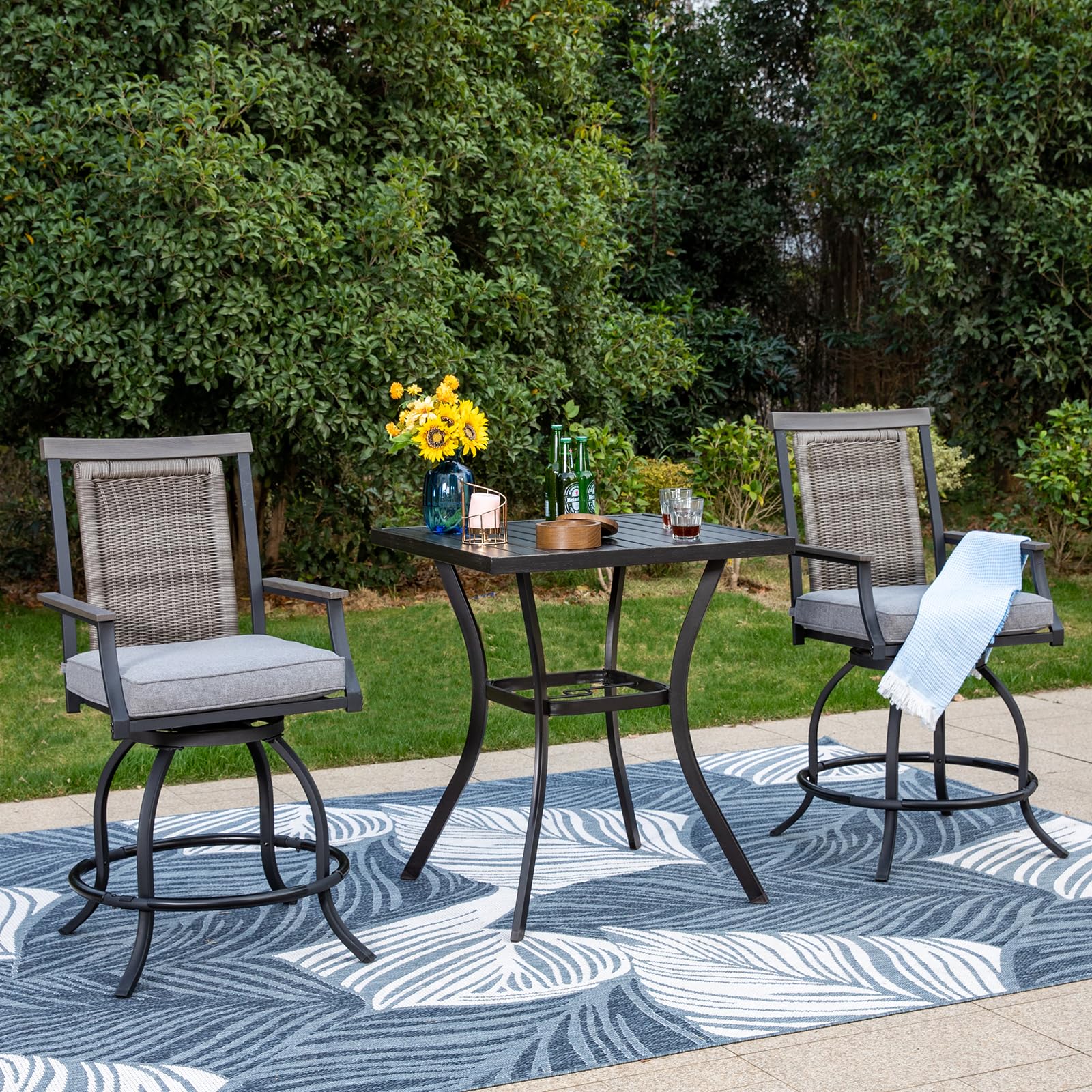 PHI VILLA 3-Piece Outdoor Bistro Set - Counter Height Swivel Bar Chairs with Rattan Backrest & Gray Cushion + Square Metal Table - Weatherproof Patio Furniture for Garden, Yard, Poolside - Perfect for Entertaining, Relaxing & Outdoor Dining