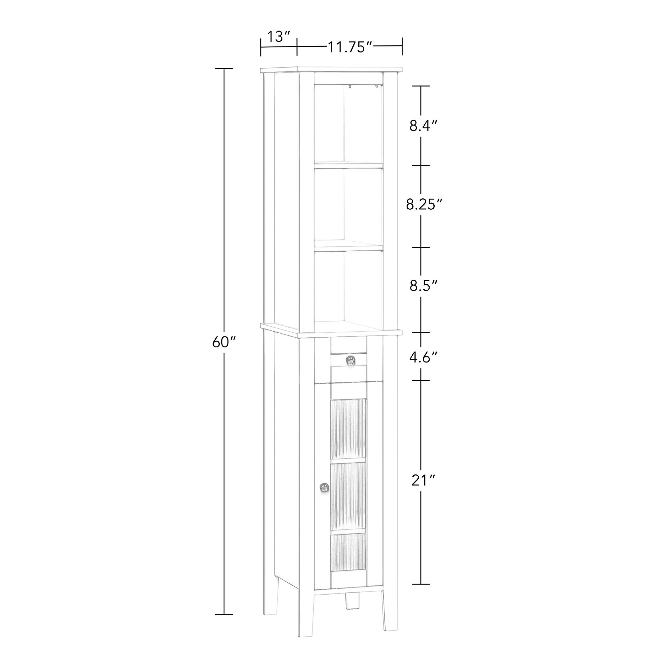 RiverRidge Prescott Tall Bathroom Storage Cabinet with Reeded Soft-Close Glass Door - 3 Open Shelves & Drawer - Slim Narrow Bathroom Vanity Organizer for Towels, Toiletries & Cosmetics - Perfect for Small Bathrooms, Powder Rooms & Apartment Living
