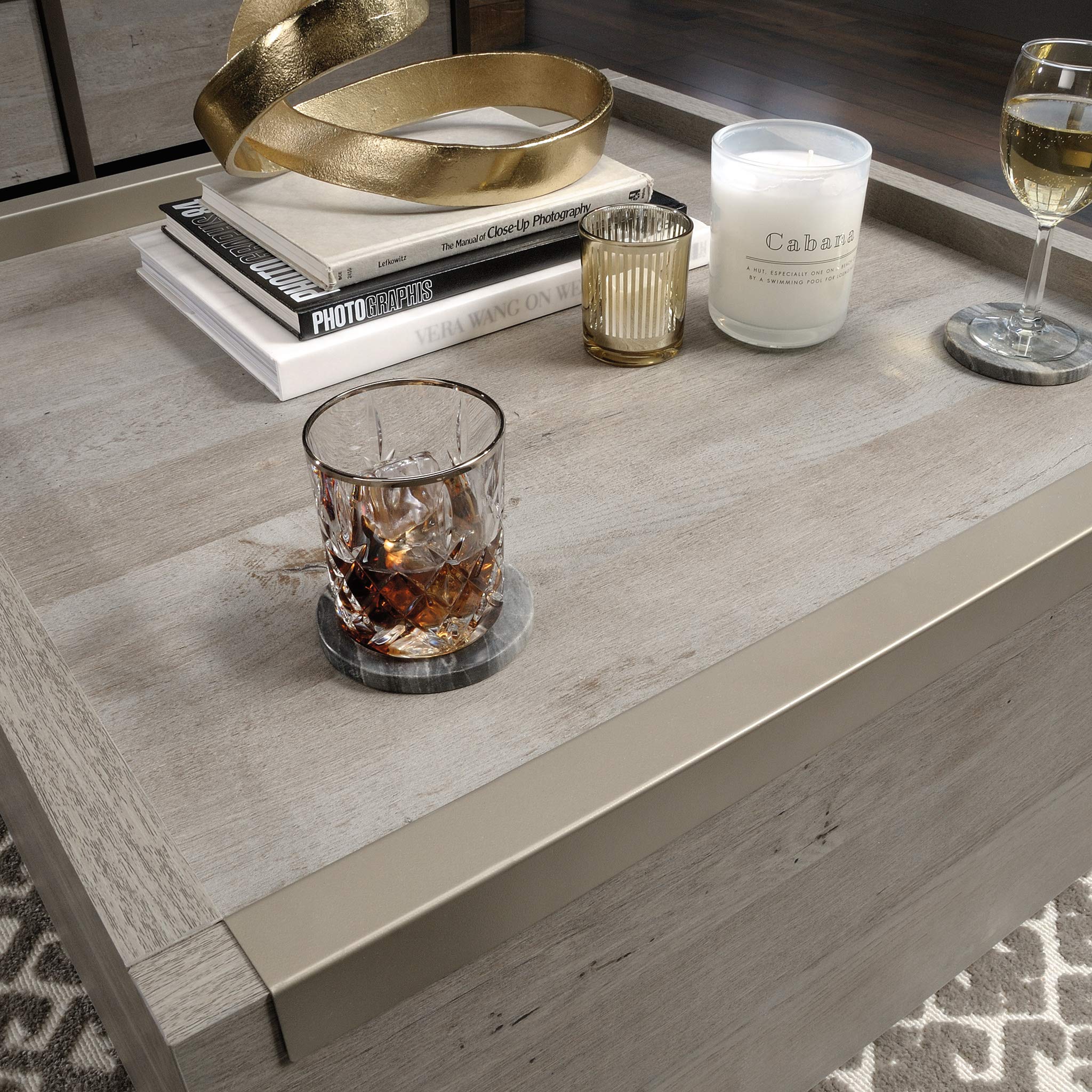 Modern Farmhouse Coffee Table - Sauder Manhattan Gate, Mystic Oak, 2 Drawers for Living Room