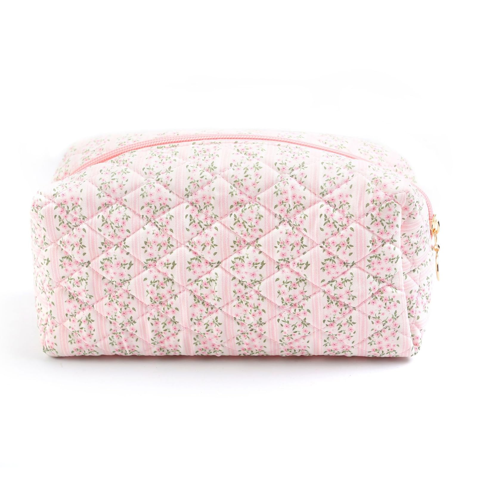 Floral Makeup Bag - Cute Quilted Cosmetic Pouch with Zipper for Travel, Skincare & Daily Use | Waterproof Toiletry Organizer | Perfect for Gym, Vacation & Gift (Blossom Blush Pink)