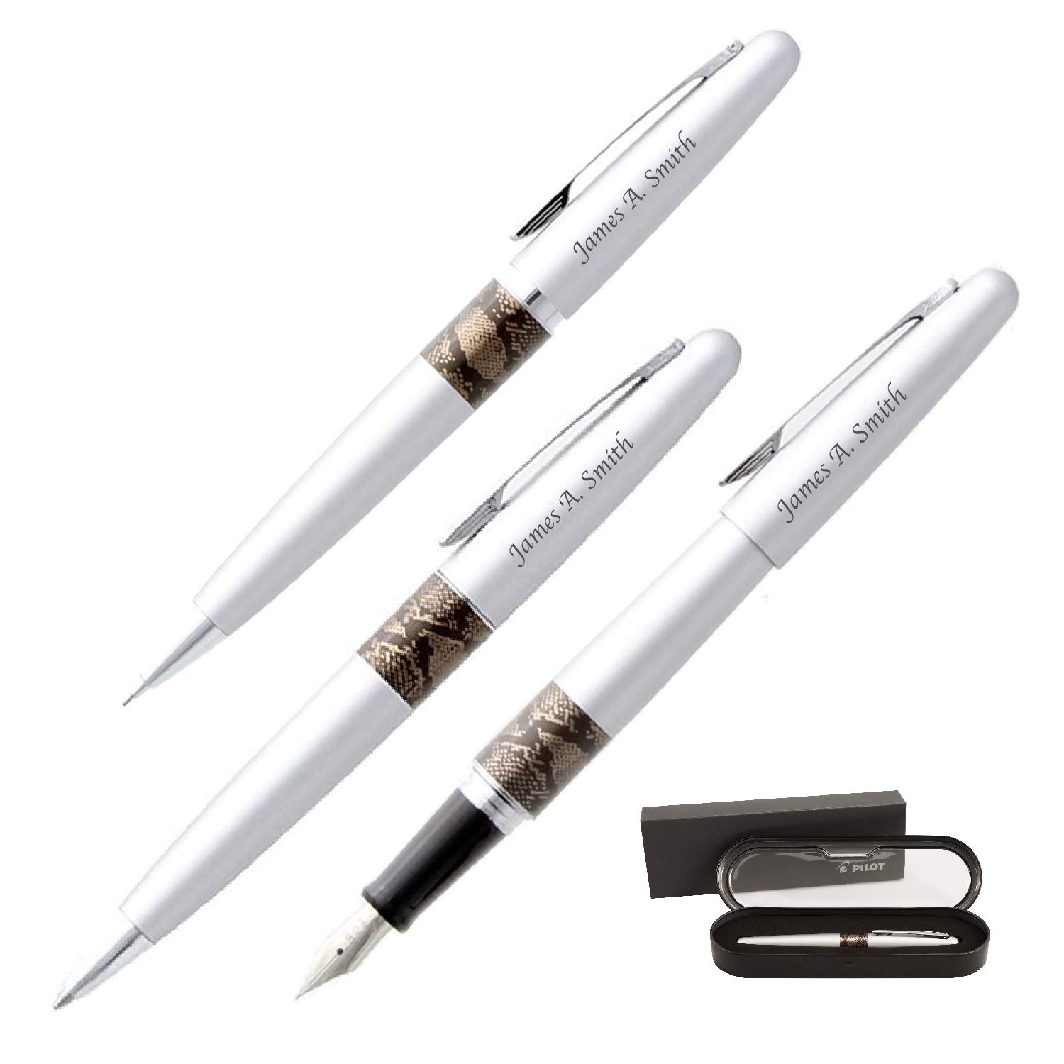PILOT Engraved Personalized Metropolitan Animal Collection Fountain Pen Gift Set - Silver Python Pattern for Writers, Professionals & Graduation Gifts