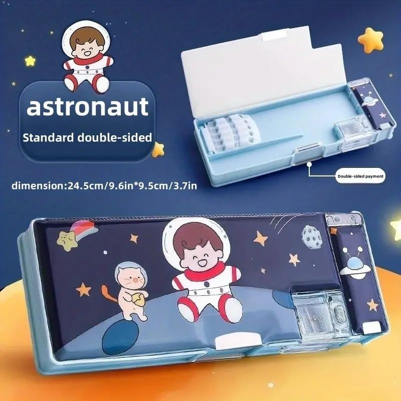 Multifunctional Kids Pencil Case with Press Buttons - 2 Compartments Cartoon Design School Supplies for Boys & Girls (Blue) - Perfect for Classroom, Homework & Office Organization