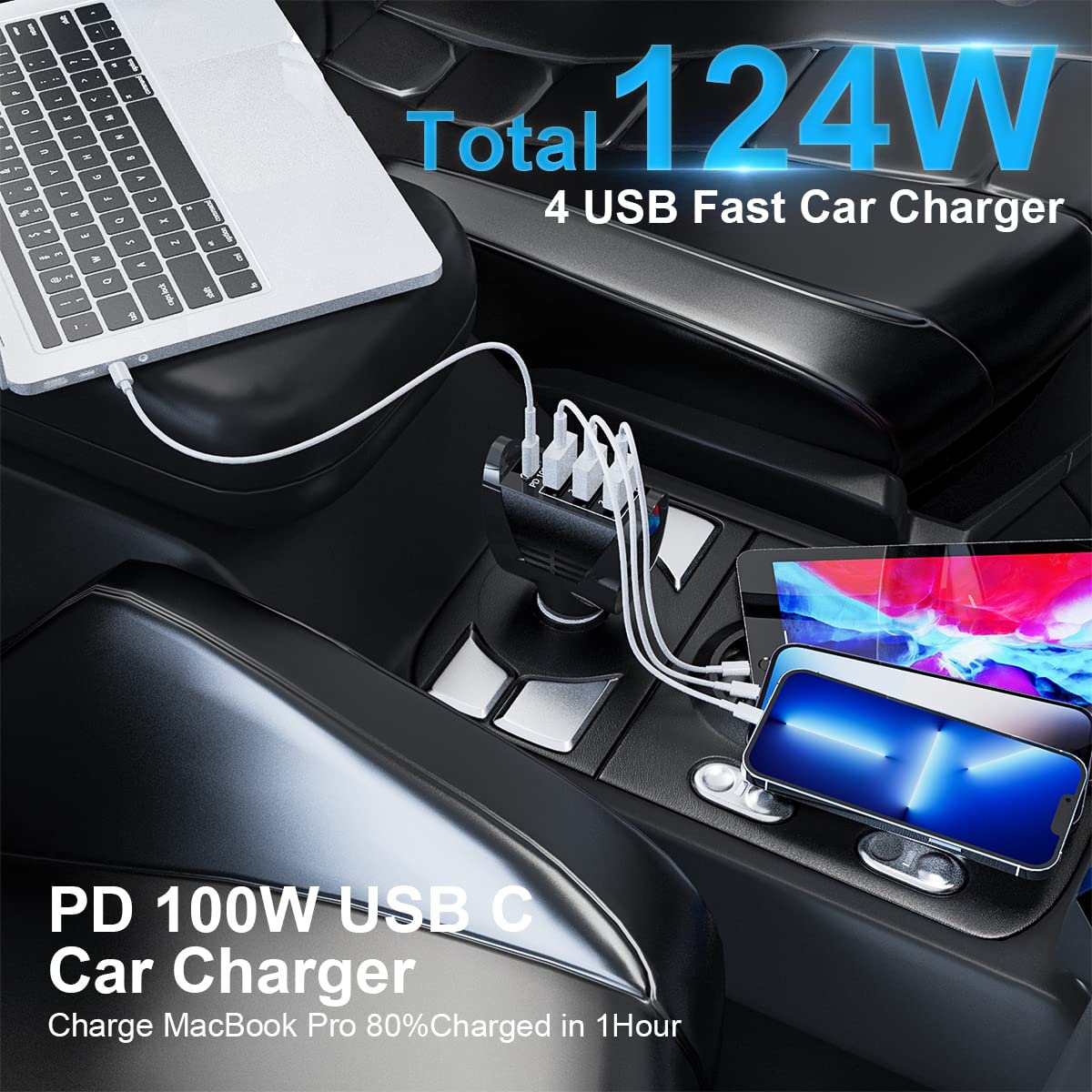 124W USB C Car Charger PD3.0 Fast Charging Adapter - 4 Port Multi USB Cigarette Lighter for MacBook Pro, iPhone 16/15/14/13, iPad, Galaxy S24/Note 20, Tablets & Laptops | Perfect for Road Trips & Business Travel