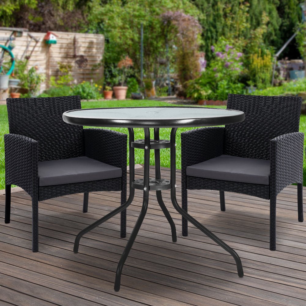 3-Piece Bistro Set Outdoor Patio Furniture - Rattan Table with 2 Chairs & Cushions for Garden, Balcony, Backyard Dining & Relaxation