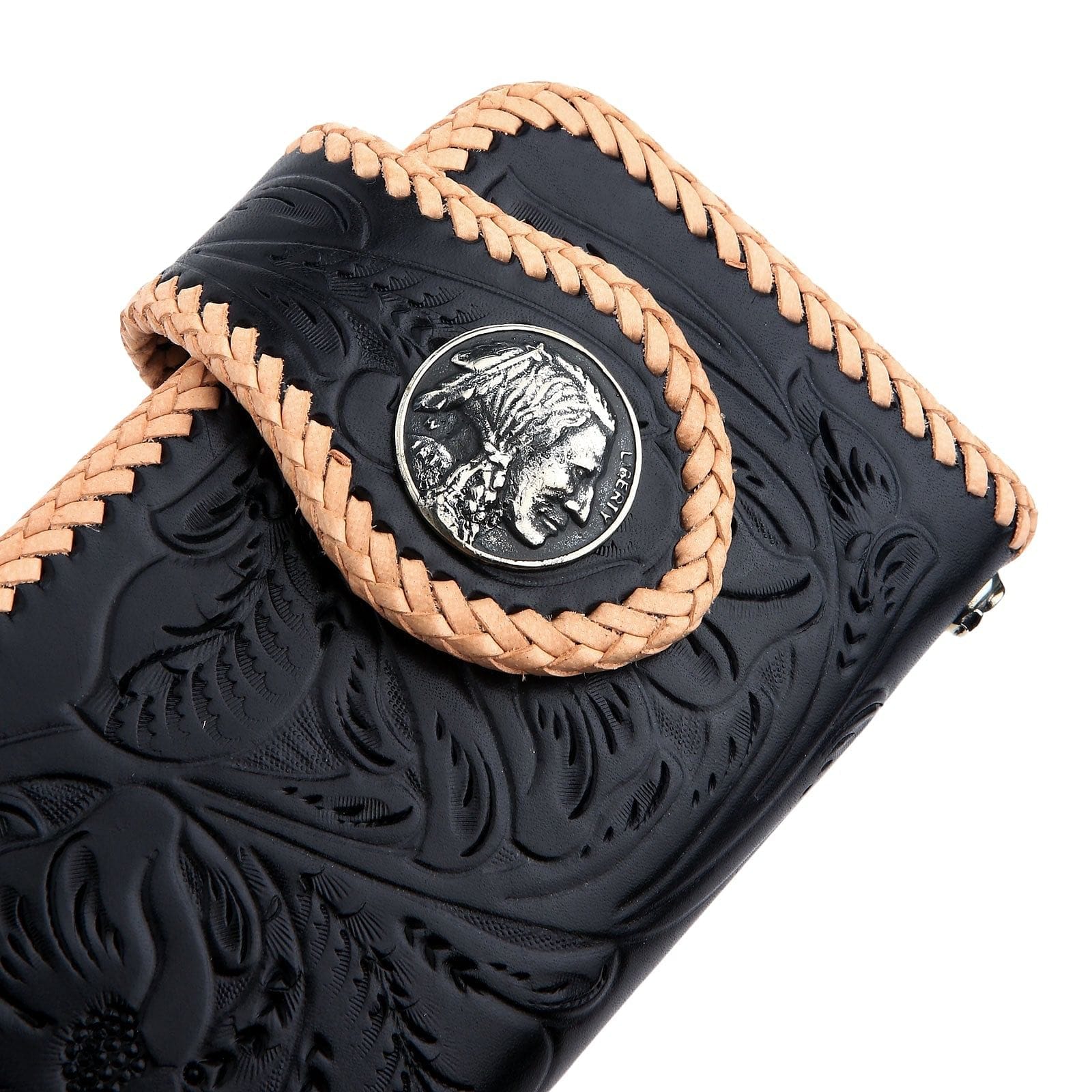Genuine Leather Biker Wallet - Black & White Indian Snap Design for Men & Women | Perfect for Motorcycle Riders, Travel & Everyday Use
