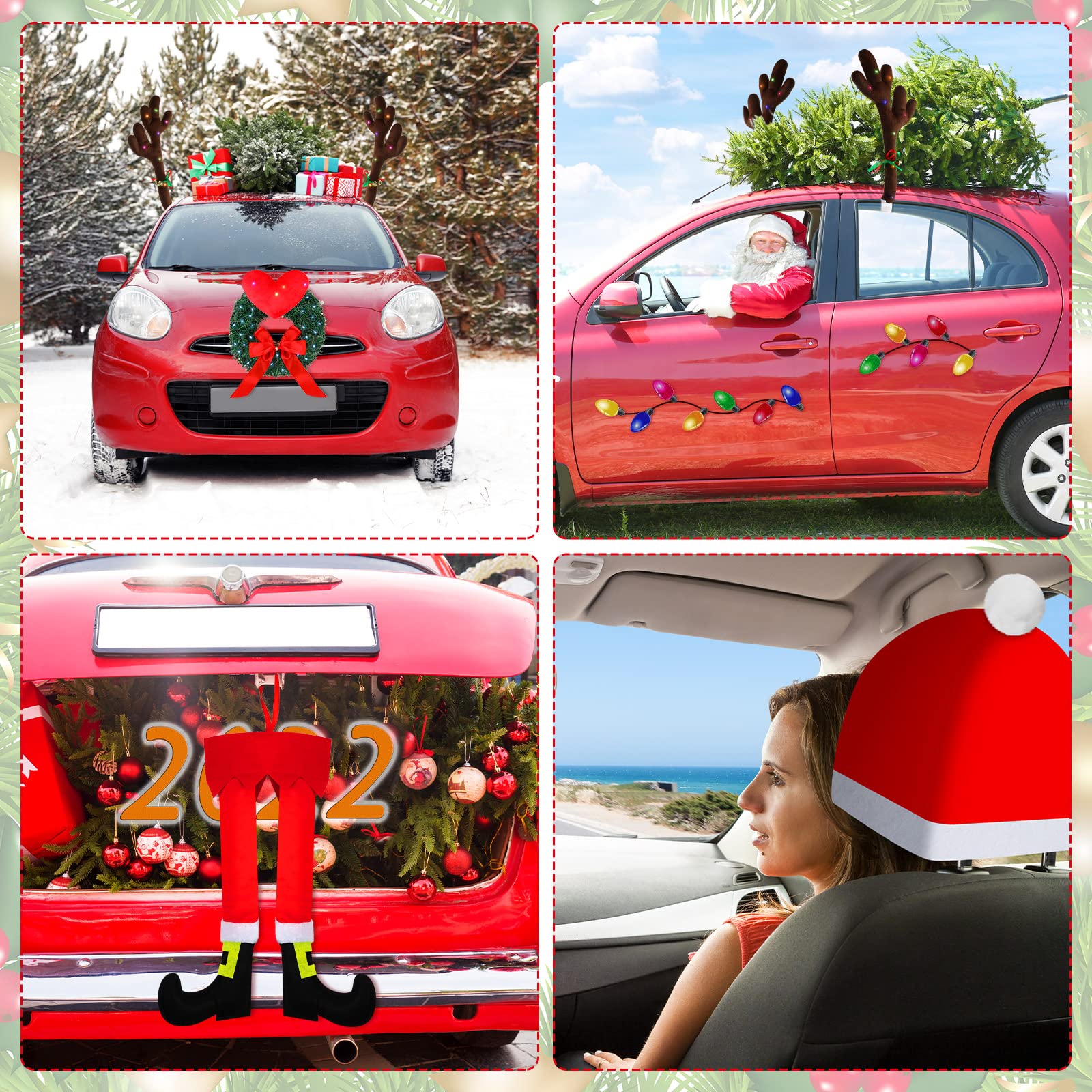 32 Pcs Christmas Car Decorations Kit - LED Reindeer Antlers, Wreath, Santa Hat & Leg, Reflective Bulb Lights for Car, Home, Office Xmas Decor - Perfect for Holiday Parties, Road Trips & Festive Gifts