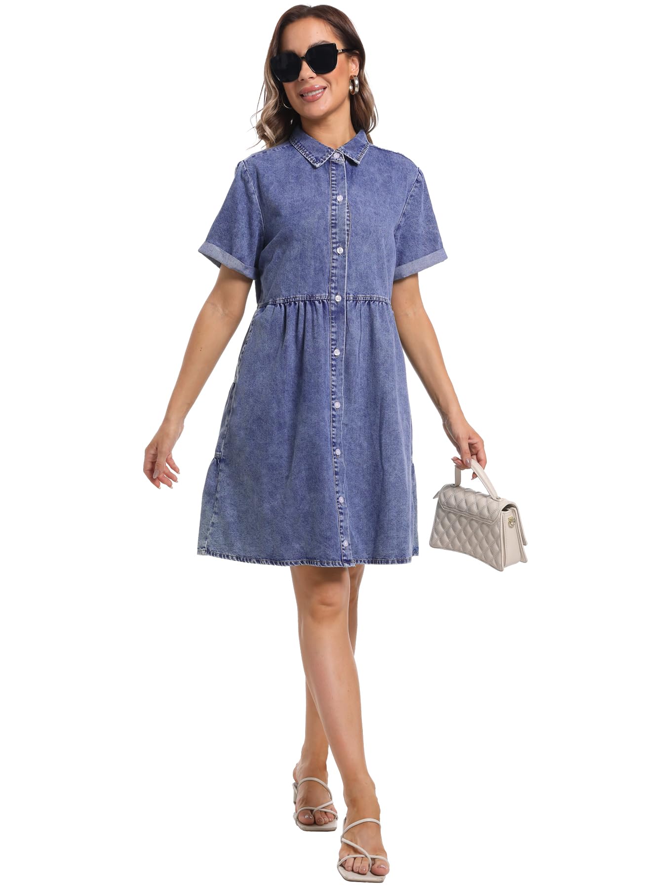 Women's Denim Dress Short Sleeve Button Down Summer Casual Jean Tunic Top - Perfect for Beach Outings, Date Nights & Everyday Wear