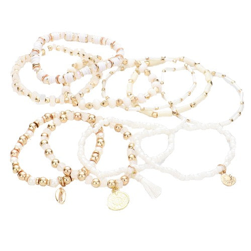 10pcs Pearl Multi Bead Puka Shell Coin Disc Tassel Charm Stretch Layered Stackable Bracelets for Women - Boho Beach Party Jewelry Set, Summer Festival Accessories, Layered Wrist Stack Gift