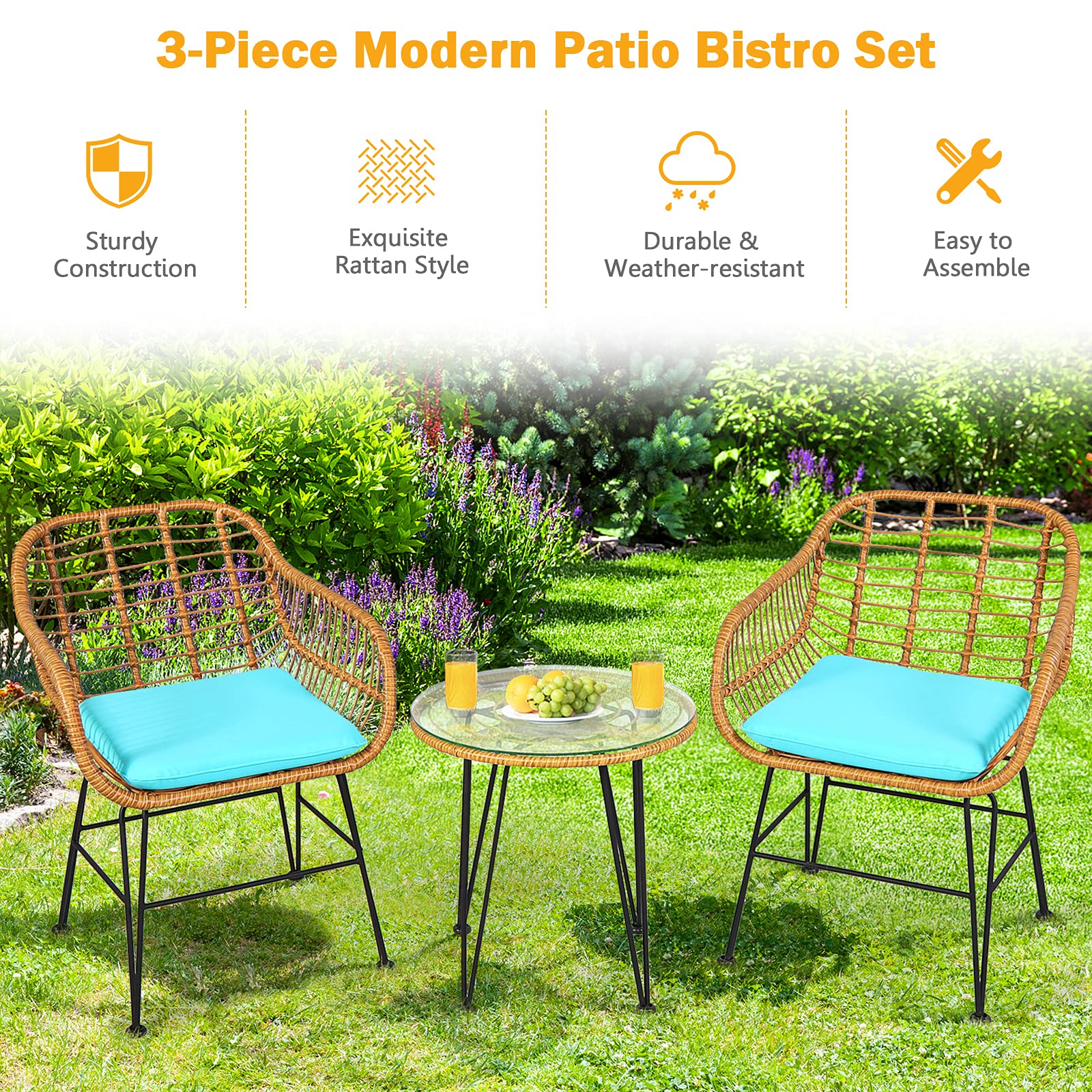 HAPPYGRILL 3-Piece Rattan Bistro Set with Steel Frame Round Coffee Table & Soft Cushions - Outdoor Patio Furniture for Garden, Balcony, or Backyard Relaxation