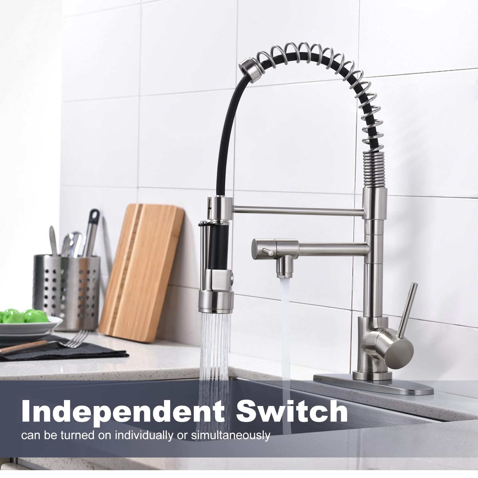 Premium Brushed Nickel Kitchen Faucet with Pull-Down Sprayer - High Arc Commercial Spring Design for 1 or 3 Hole Sink Installation - Durable Brass Construction with Deck Plate - Perfect for Modern Kitchens, Restaurants & Food Prep Areas