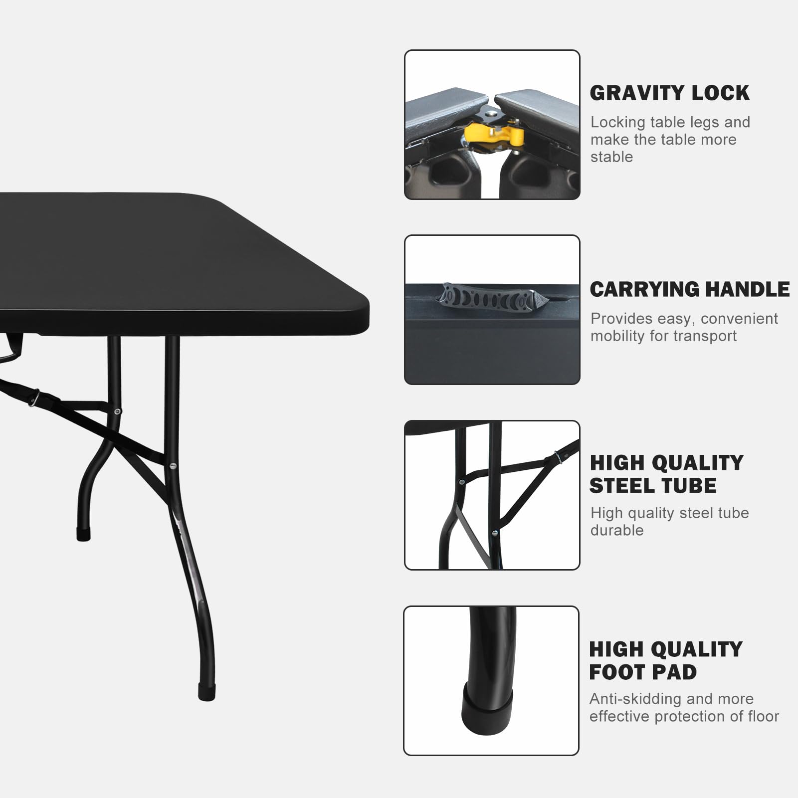 Heavy Duty Portable Folding Table 4ft/6ft/8ft - White & Black Plastic Picnic Dining Table for Camping, Parties, Kitchen, Indoor & Outdoor Use - Fold-in-Half Design for Easy Storage & Transport