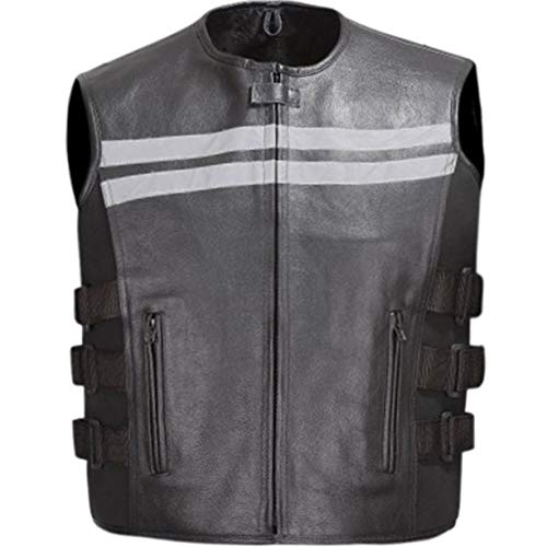 WICKED STOCK Men's Black Cowhide Leather Motorcycle Vest with Reflective Stripes - Biker Jacket for Harley Davidson Riding, Cruiser Bike Gear, Motorcycle Club Events & Outdoor Adventure