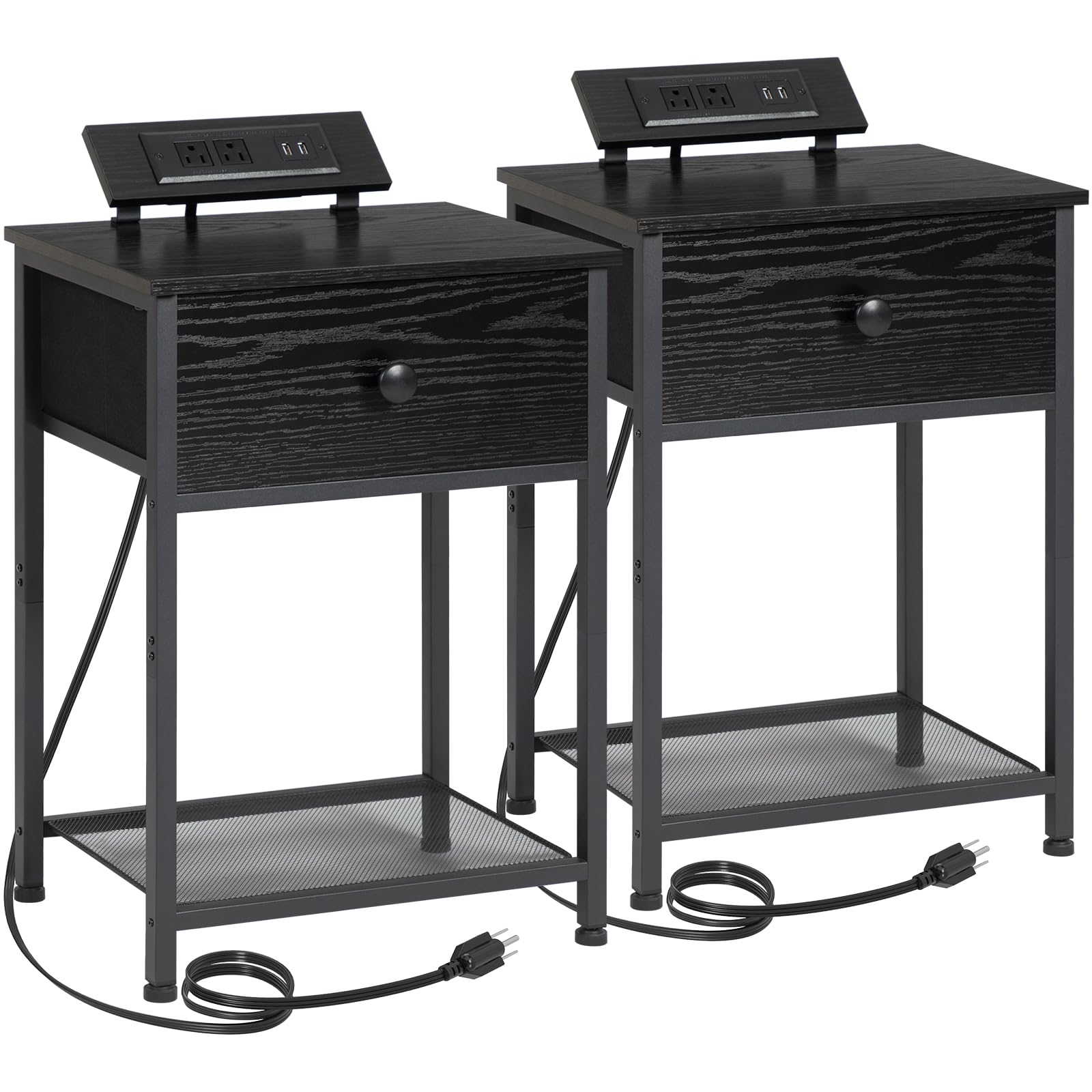 AMHANCIBLE Night Stand Set of 2 - Black Bedside Tables with Charging Station & Fabric Storage Drawer - Slim End Tables for Small Spaces - Perfect for Bedroom, Living Room & Dorm Use