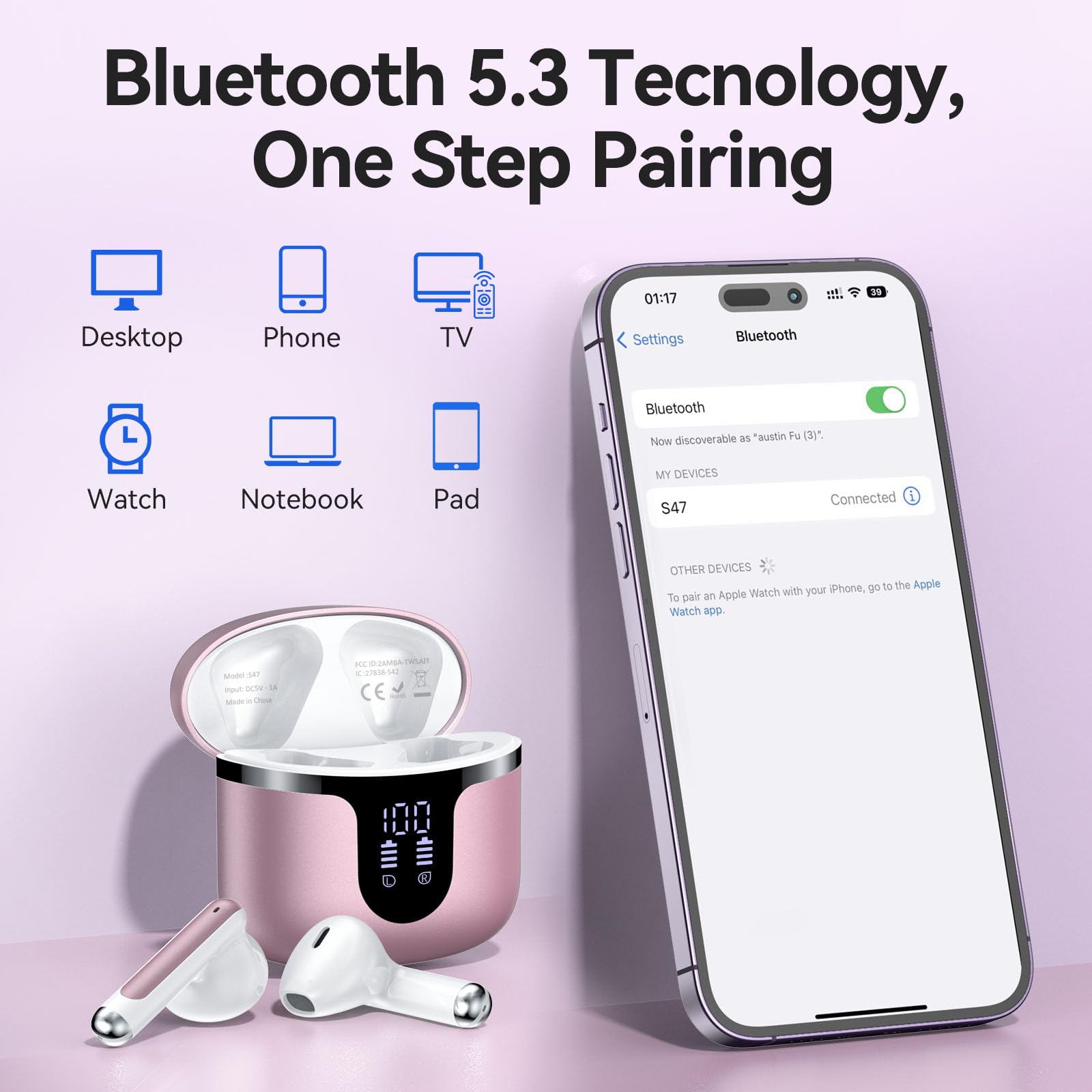 Bluetooth 5.3 Wireless Earbuds with ENC Noise Cancelling - 42H Playtime for Running & Workout