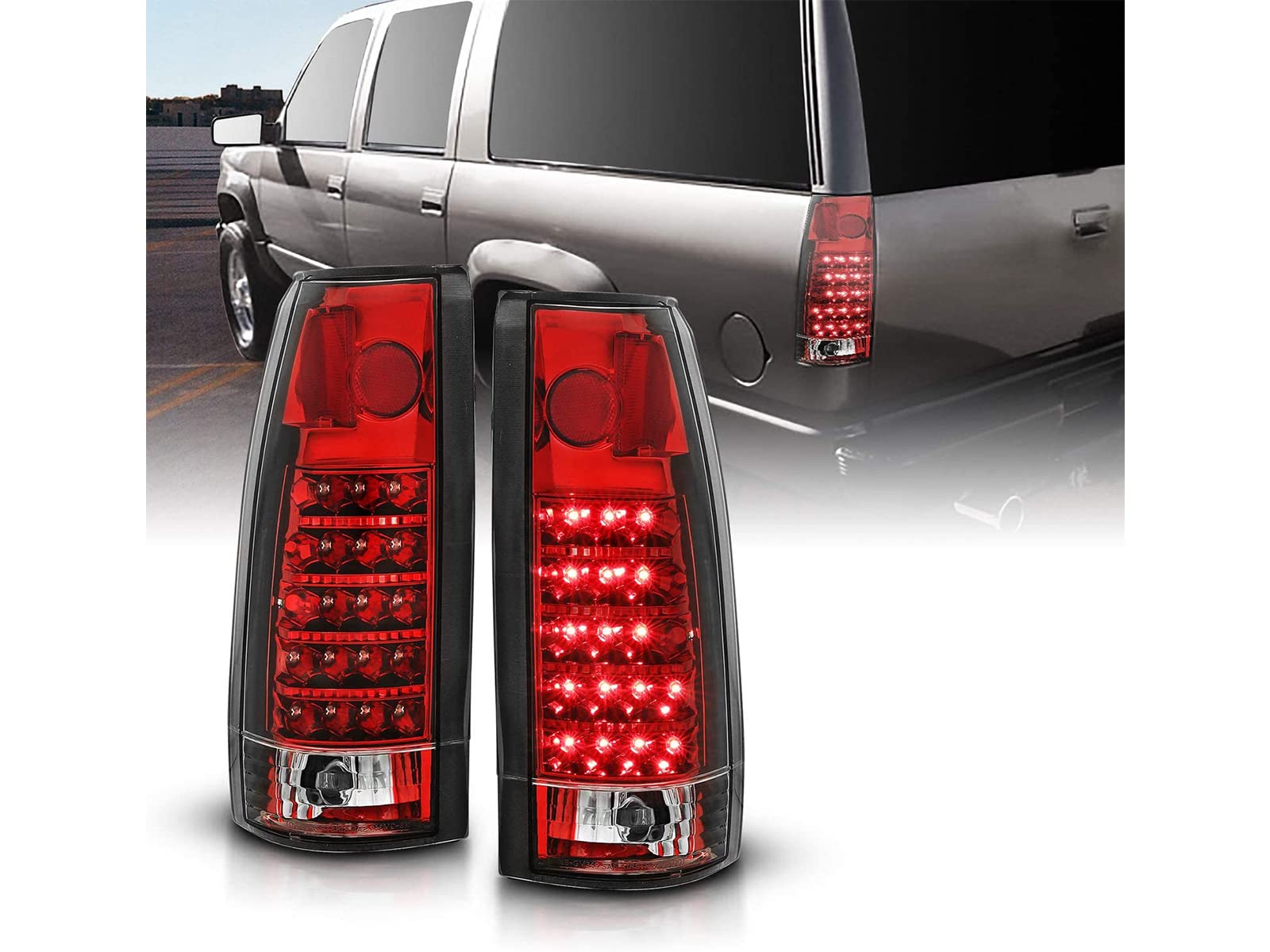 1988-1999 Chevy GMC C/K Pickup Truck Tahoe Suburban LED Tail Lights - Clear Red Housing Replacement Pair (Driver & Passenger Side) | Durable Waterproof Design for Off-Road & Night Driving