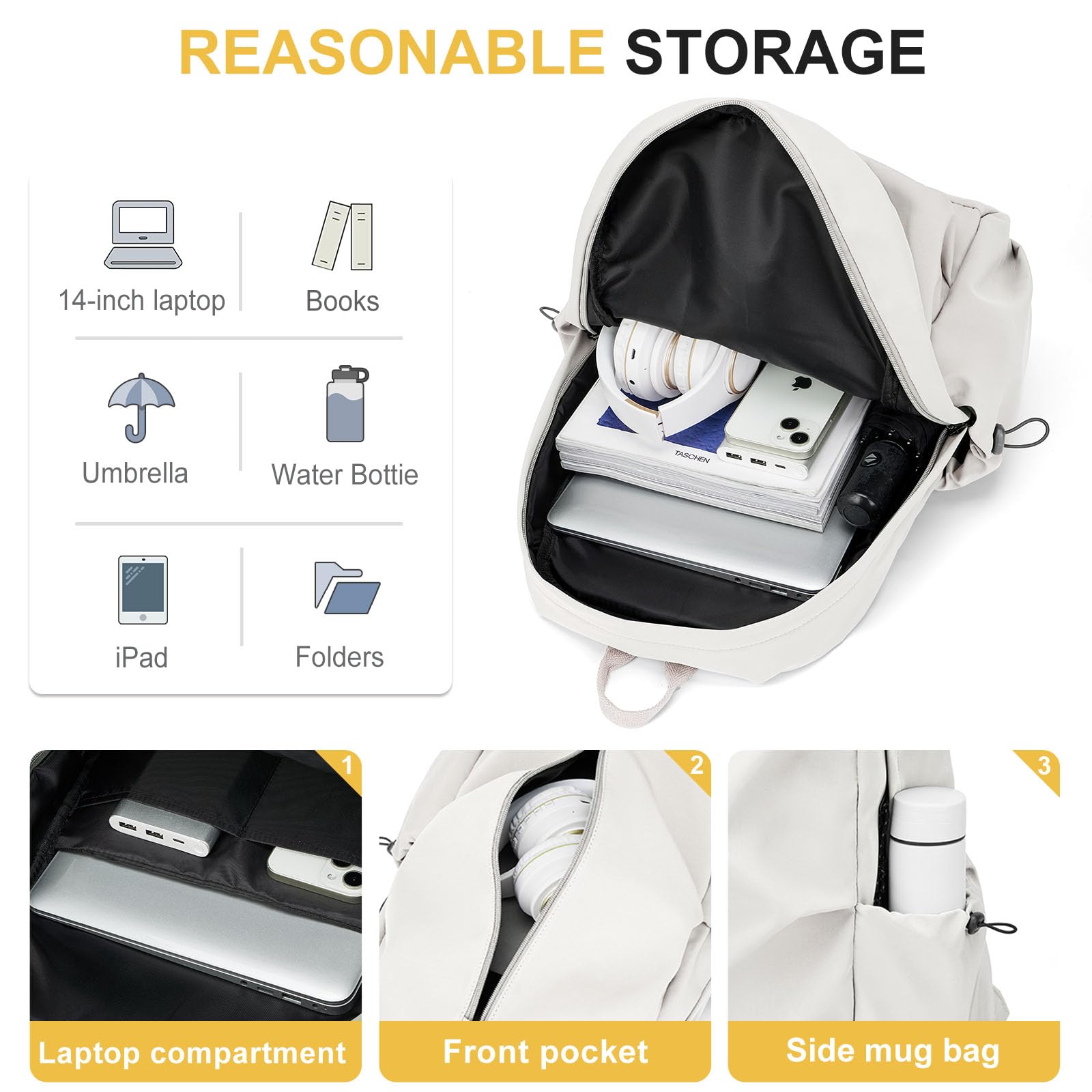 Weradar Stylish Waterproof College Backpack for Women & Men - Fashionable Student Bookbag with Laptop Compartment | Perfect for High School, University, Travel & Daily Commute (Beige)