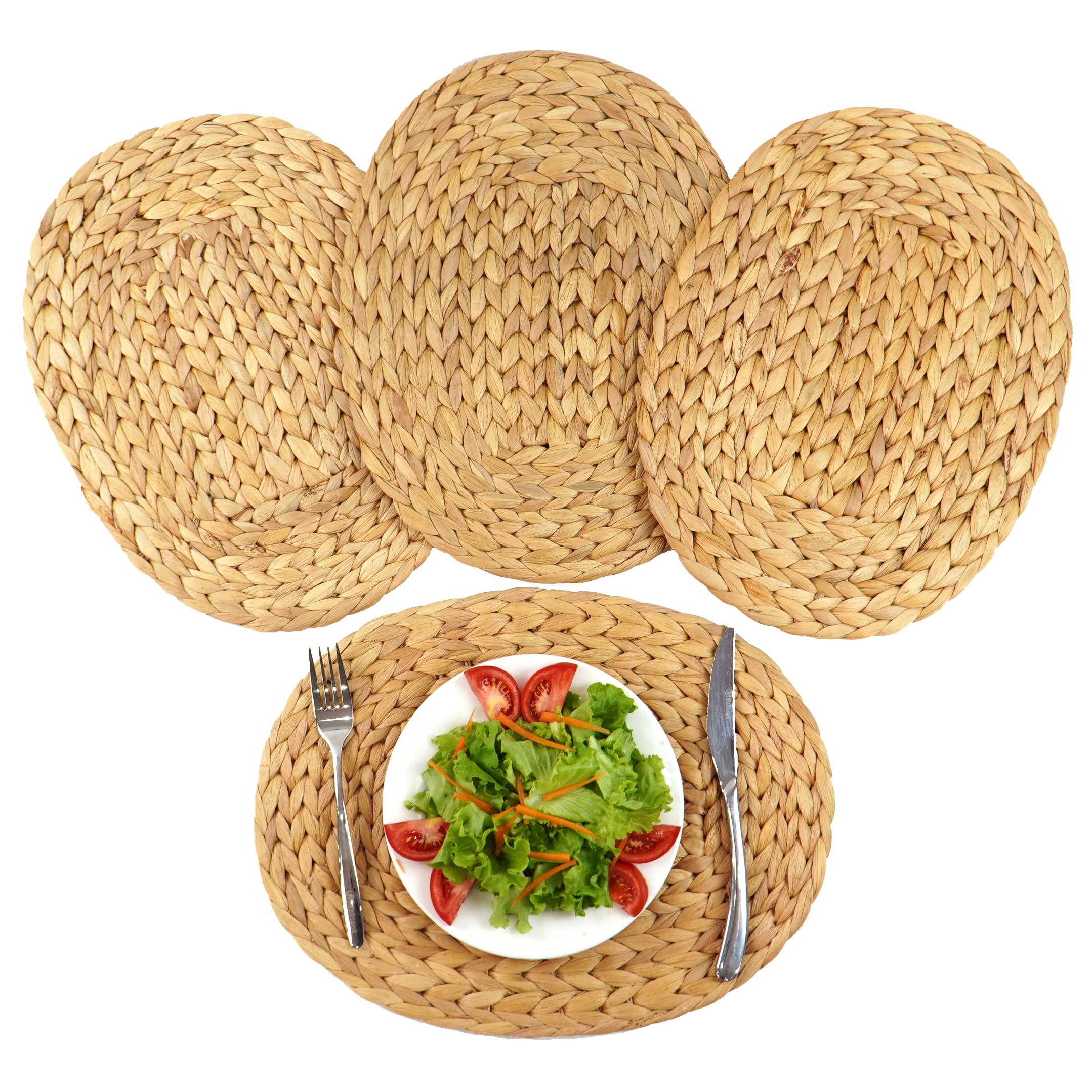 Natural Woven Oval Water Hyacinth Placemats Set of 4 - Handmade Rustic Table Mats for Dining, Kitchen & Home Decor - Heat Resistant, Non-Slip, Anti-Skid - Perfect for Farmhouse Tables, Outdoor Picnics & Cozy Dinner Parties (Natural)