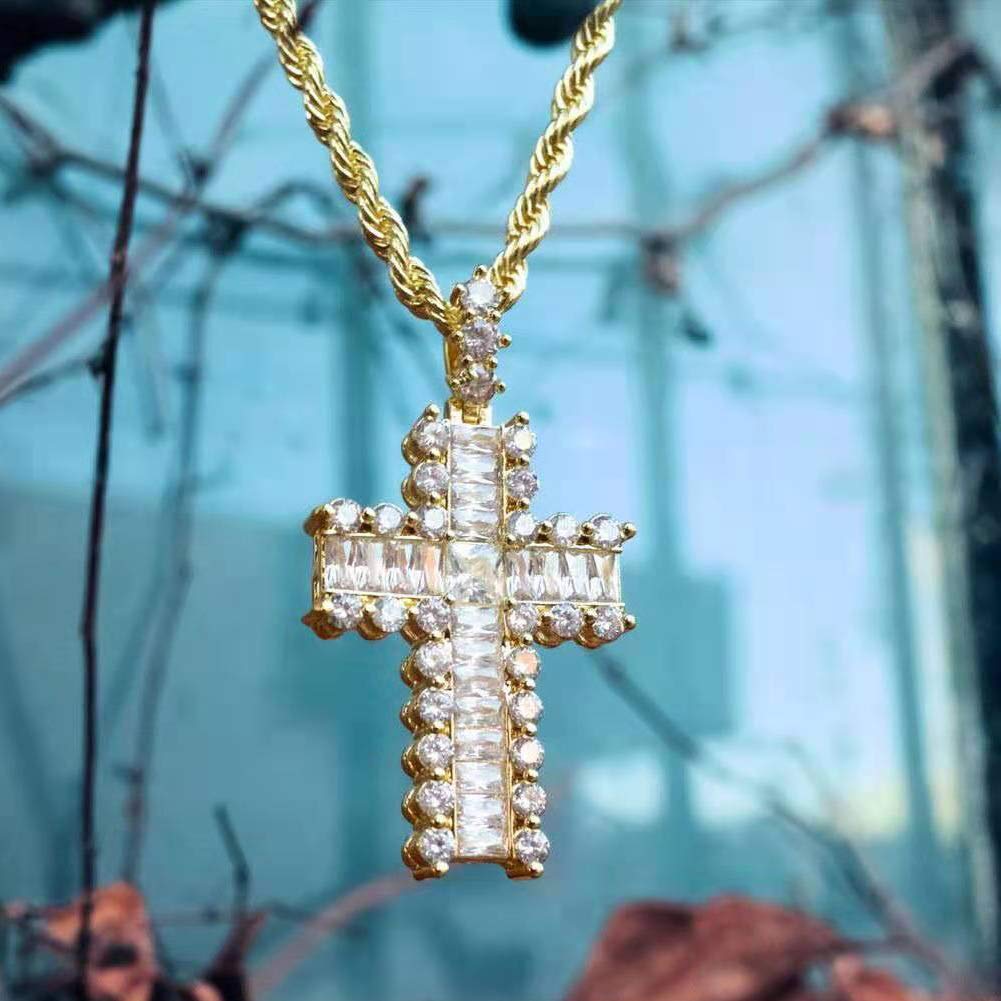 Hip Hop Iced Out CZ Baguette Cross Pendant Necklace - 14K Gold Plated Men & Women's Jewelry - Perfect for Streetwear, Parties and Gift Giving