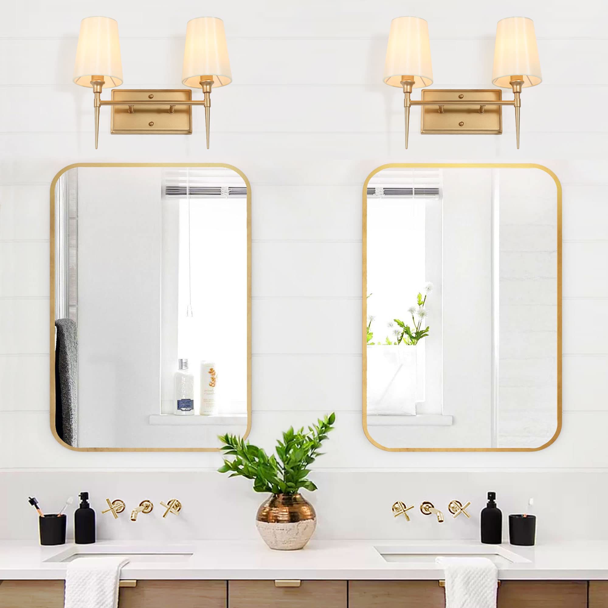 Classy Leaves 2-Light Gold Bathroom Vanity Light Fixture - Mid Century Modern Mirror Lighting with Elegant White Fabric Shade (15’’L x 6.5’’W x 12’’H) - Perfect for Bathroom, Powder Room & Dressing Area Makeup Lighting