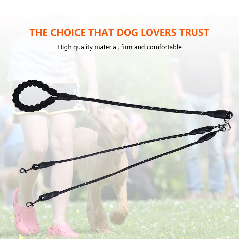 Dual Dog Leash for 2 Dogs - Reflective & Tangle-Free Double Dog Leash with 360° Swivel - Comfortable Training Leash for Small, Medium & Large Dogs (Black) - Perfect for Walking, Hiking & Outdoor Adventures