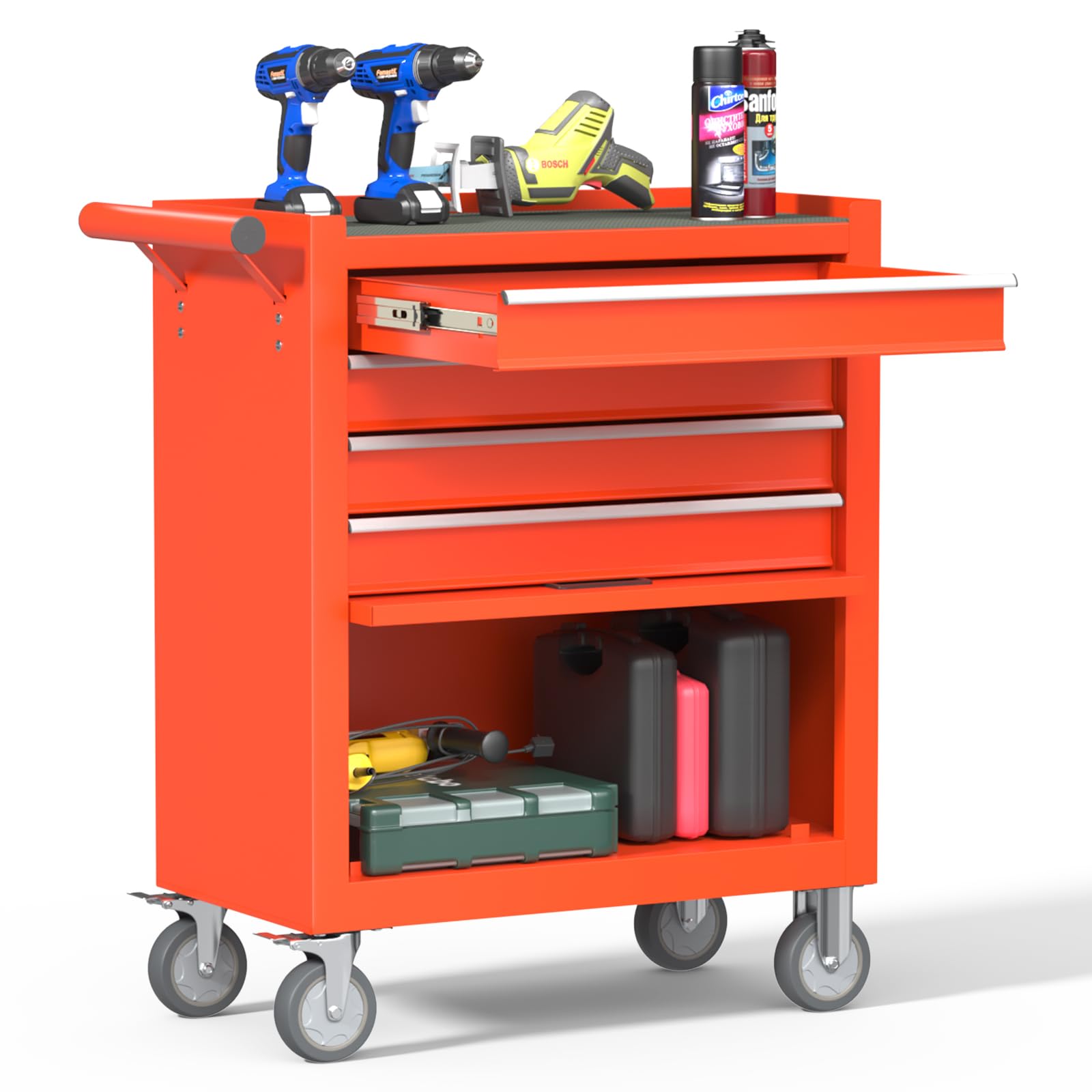 Heavy Duty 4-Drawer Rolling Tool Chest with Lockable Wheels | Metal Tool Storage Cabinet with Drawer Liners | Perfect for Garage Organization, Auto Repair Shops & DIY Workshops | Red Tool Cart for Professional Mechanics