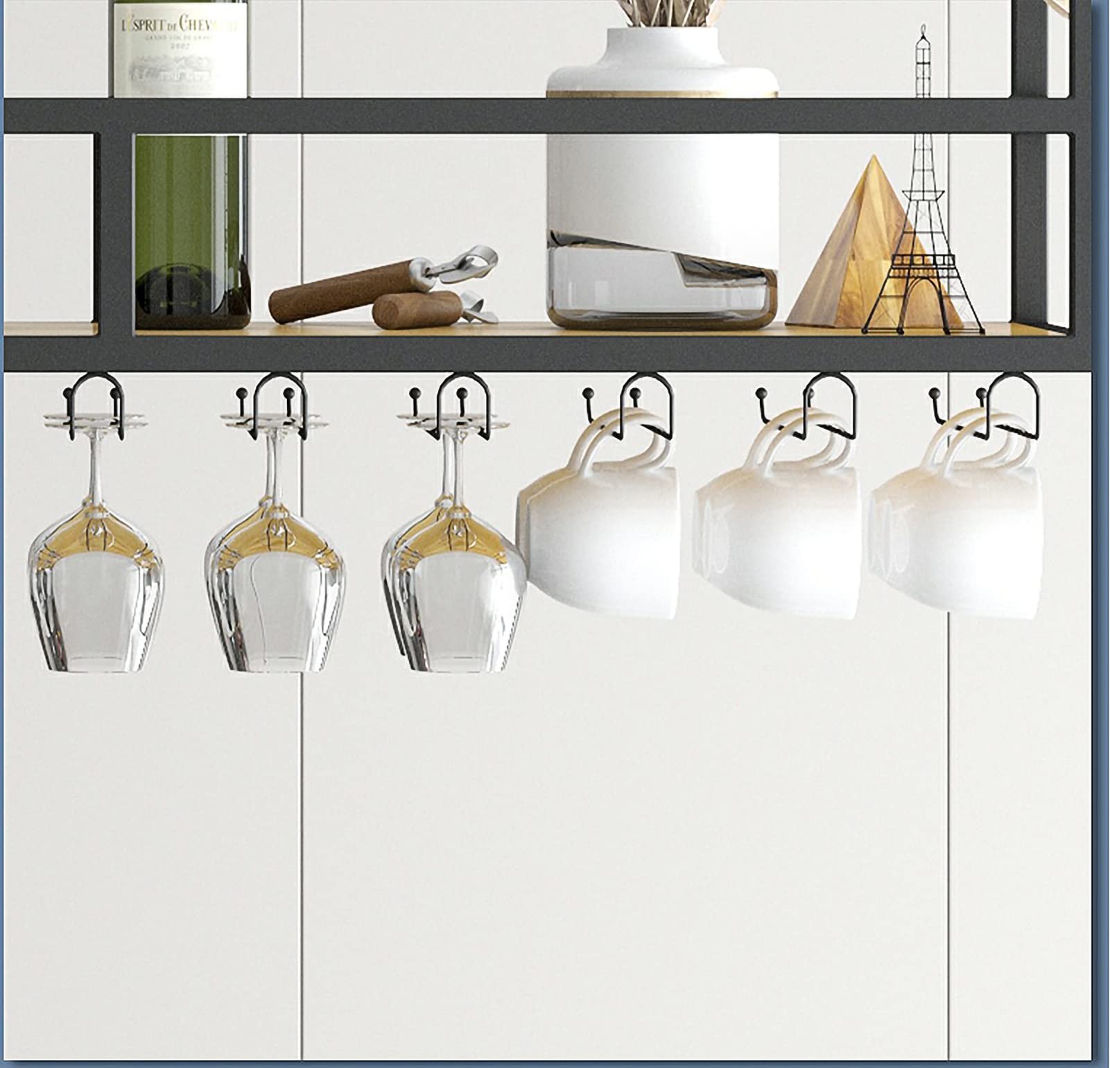 Black Metal Ceiling Mount Wine Rack with Stemware Glass Shelf - Space-Saving Hanging Bottle Storage for Kitchen, Bar, Restaurant & Home Decor - Perfect for Under Cabinet Installation & Wine Display