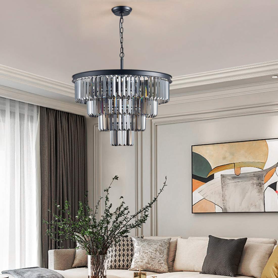 Luxury Black Smoke Crystal Chandelier - 4-Tier Modern Pendant Ceiling Light Fixture for Dining Room, Living Room, Bedroom & Girls Room (23.6