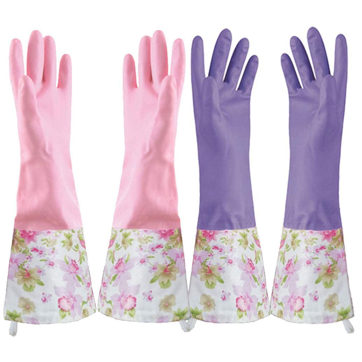 KINGFINGER Latex Rubber Gloves - Waterproof, Long Cuff & Flock Lined for Household Cleaning (2 Pairs, Large) - Ideal for Dishwashing, Car Washing & Heavy Duty Cleaning