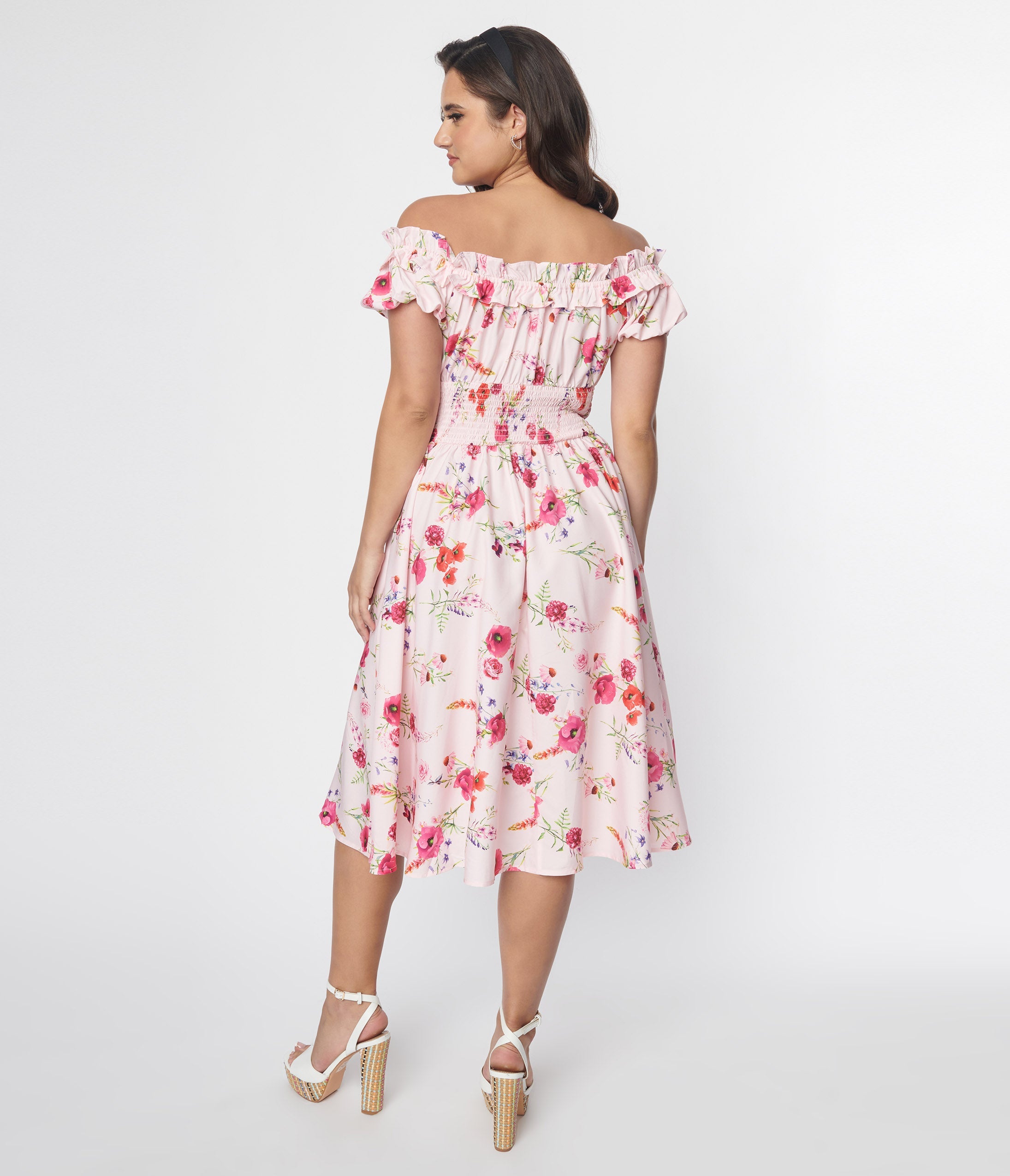 Vintage 1950s Pink Floral Off-the-Shoulder Ruffle Swing Dress - Retro Pinup Style for Parties, Weddings & Special Occasions