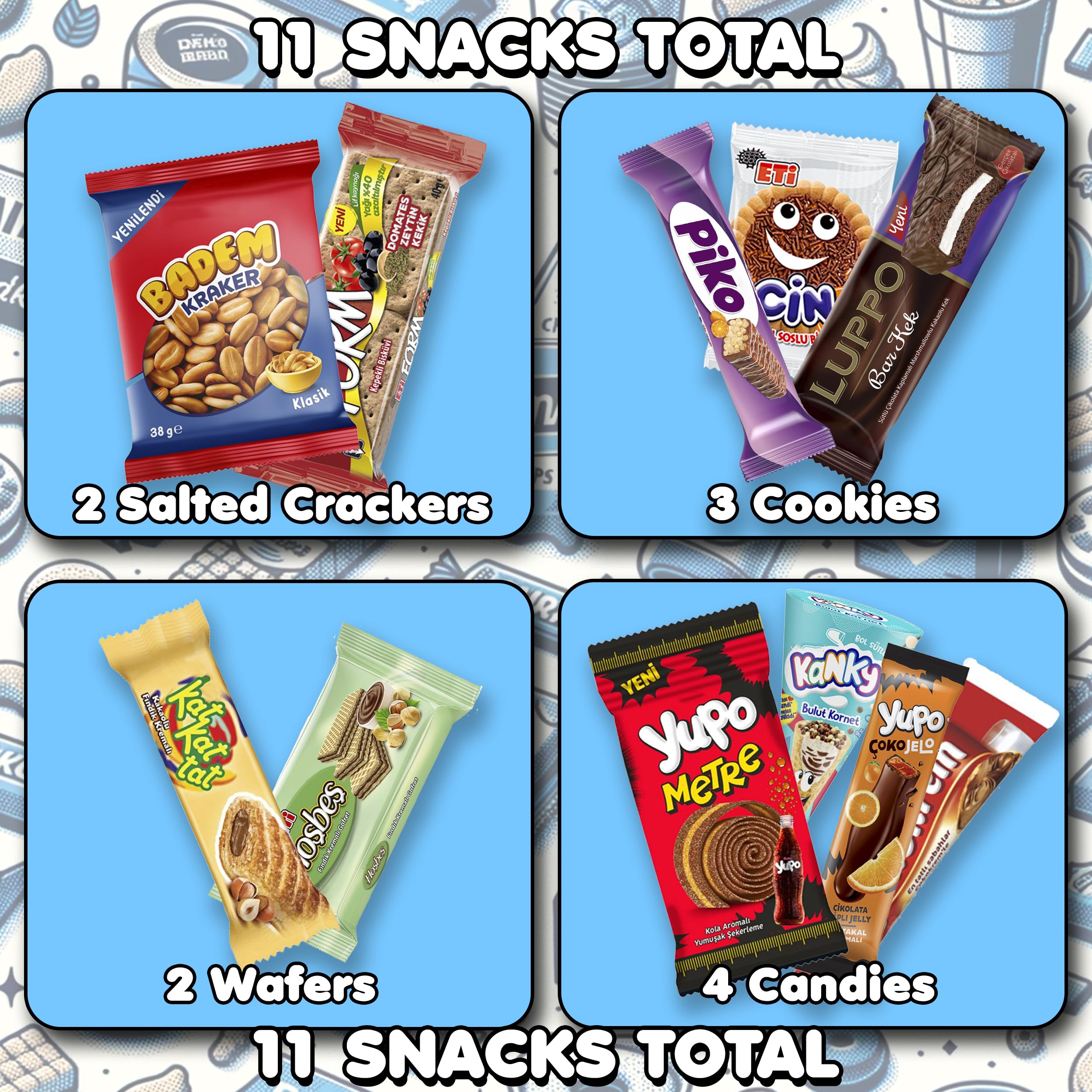 Turkish Goodies International Snacks Variety Box - 11ct Bite-Sized Chocolate Bars, Marshmallows & Cookies - Perfect for College, Office & Dorm Snacking - Great for Parties, Study Breaks & Gift Baskets