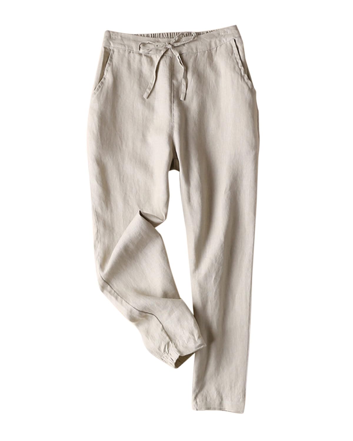 IXIMO Women's Tapered Linen Pants - 100% Breathable Drawstring Elastic Waist Ankle-Length Casual Pants | Perfect for Office, Travel & Summer Outfits