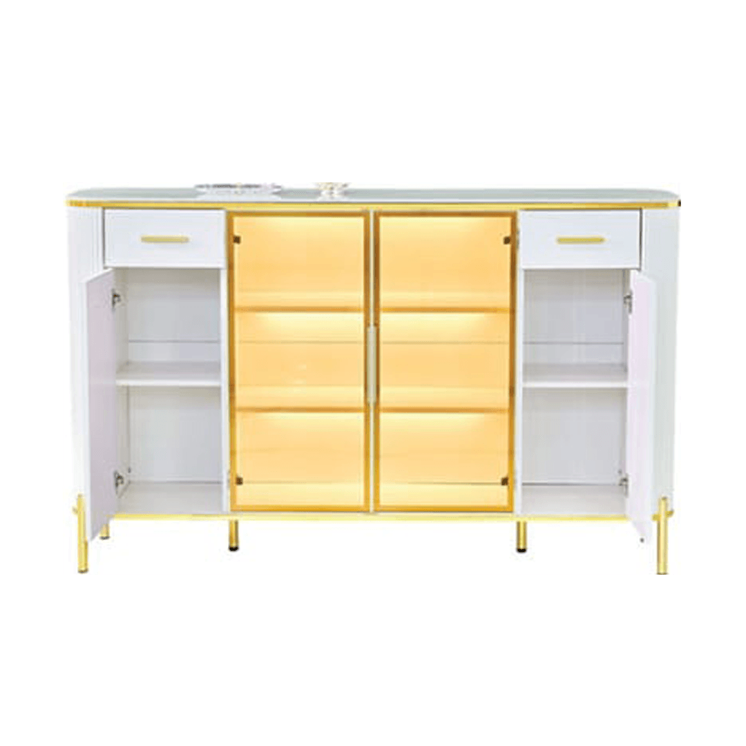 Maurille White Buffet Hutch with Durable Sintered Stone Top - 160cm Modern Dining Room Storage Cabinet for China Display & Kitchen Organization